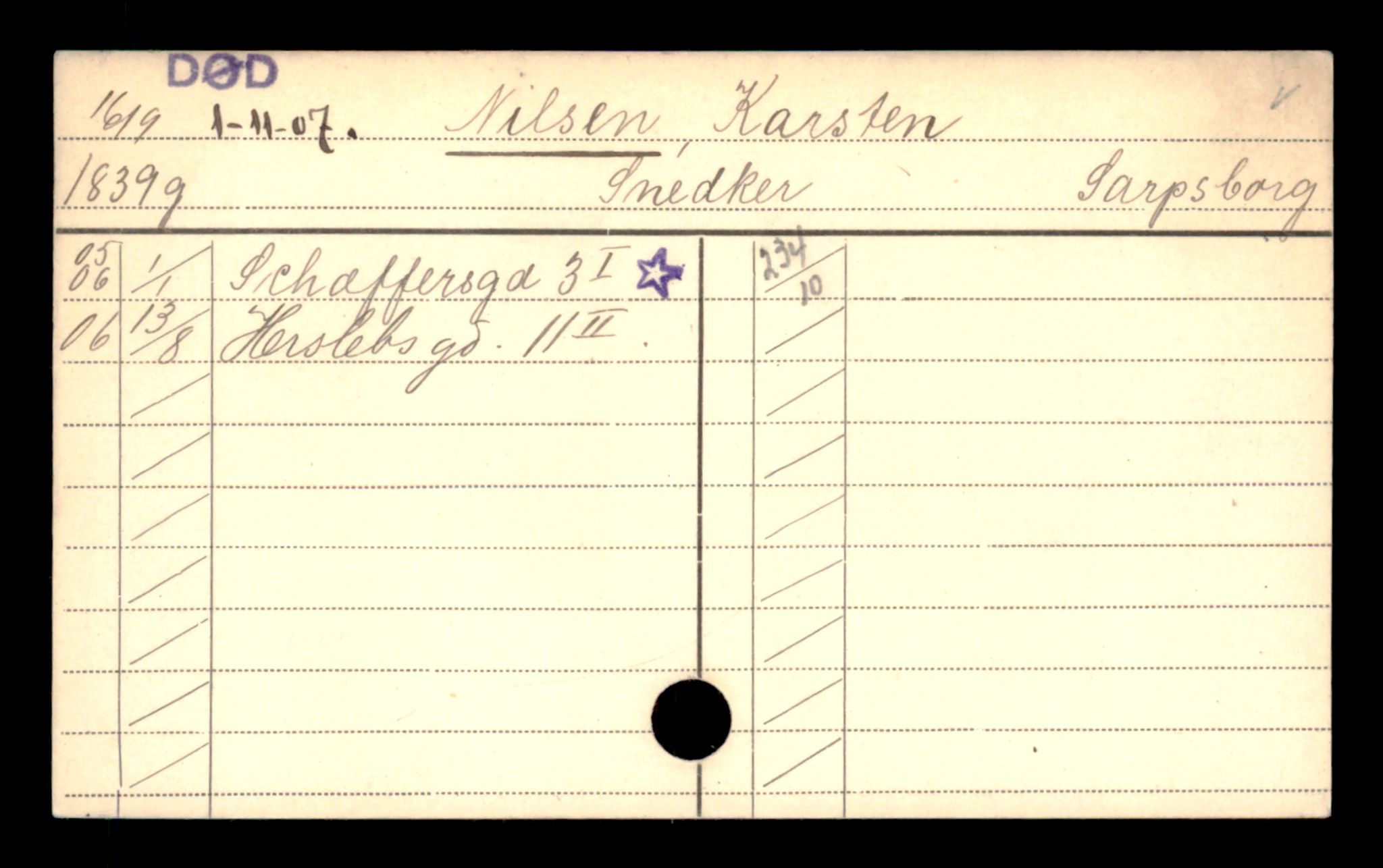 Oslo folkeregister, Registerkort, SAO/A-11715/D/Da/L0067: Menn: Nilsen Karsten - Nilsen Thorvald, 1906-1919