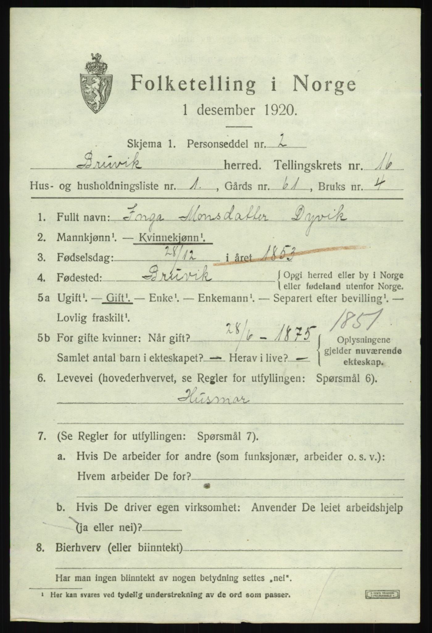 SAB, 1920 census for Bruvik, 1920, p. 9542