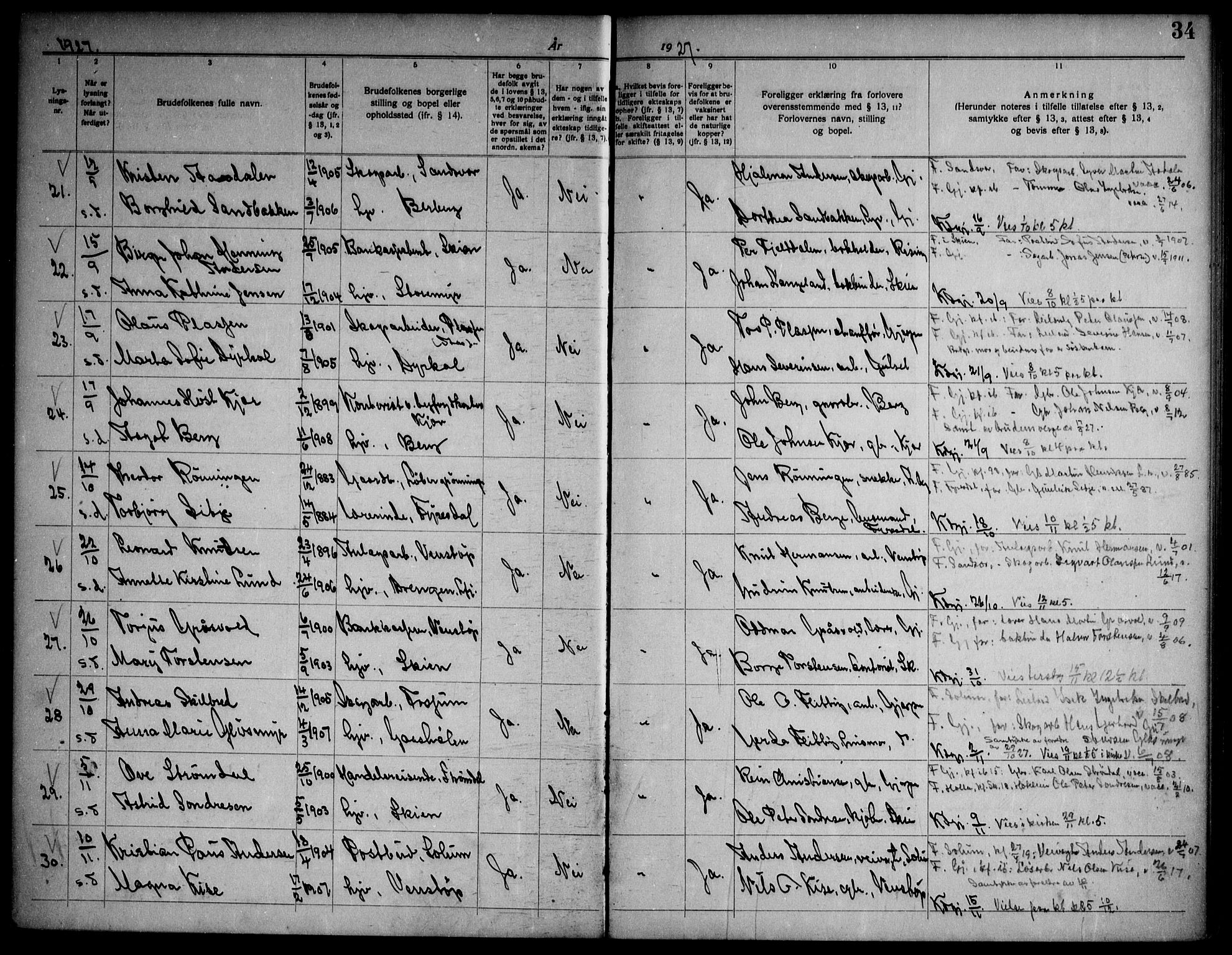 Gjerpen kirkebøker, SAKO/A-265/H/Ha/L0003: Banns register no. I 3, 1919-1946, p. 34
