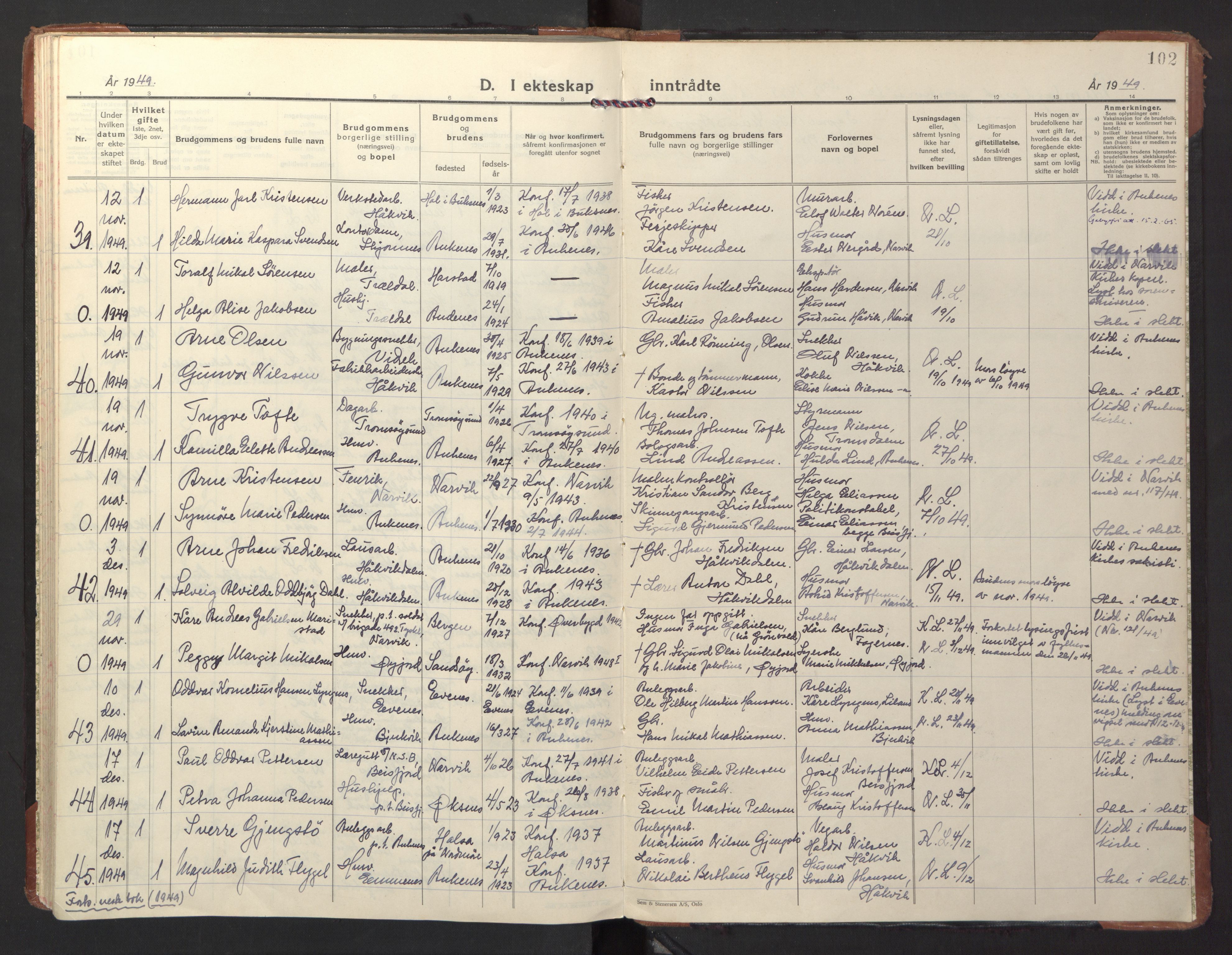 Ministerialprotokoller, klokkerbøker og fødselsregistre - Nordland, AV/SAT-A-1459/866/L0948: Parish register (official) no. 866A11, 1929-1949, p. 102