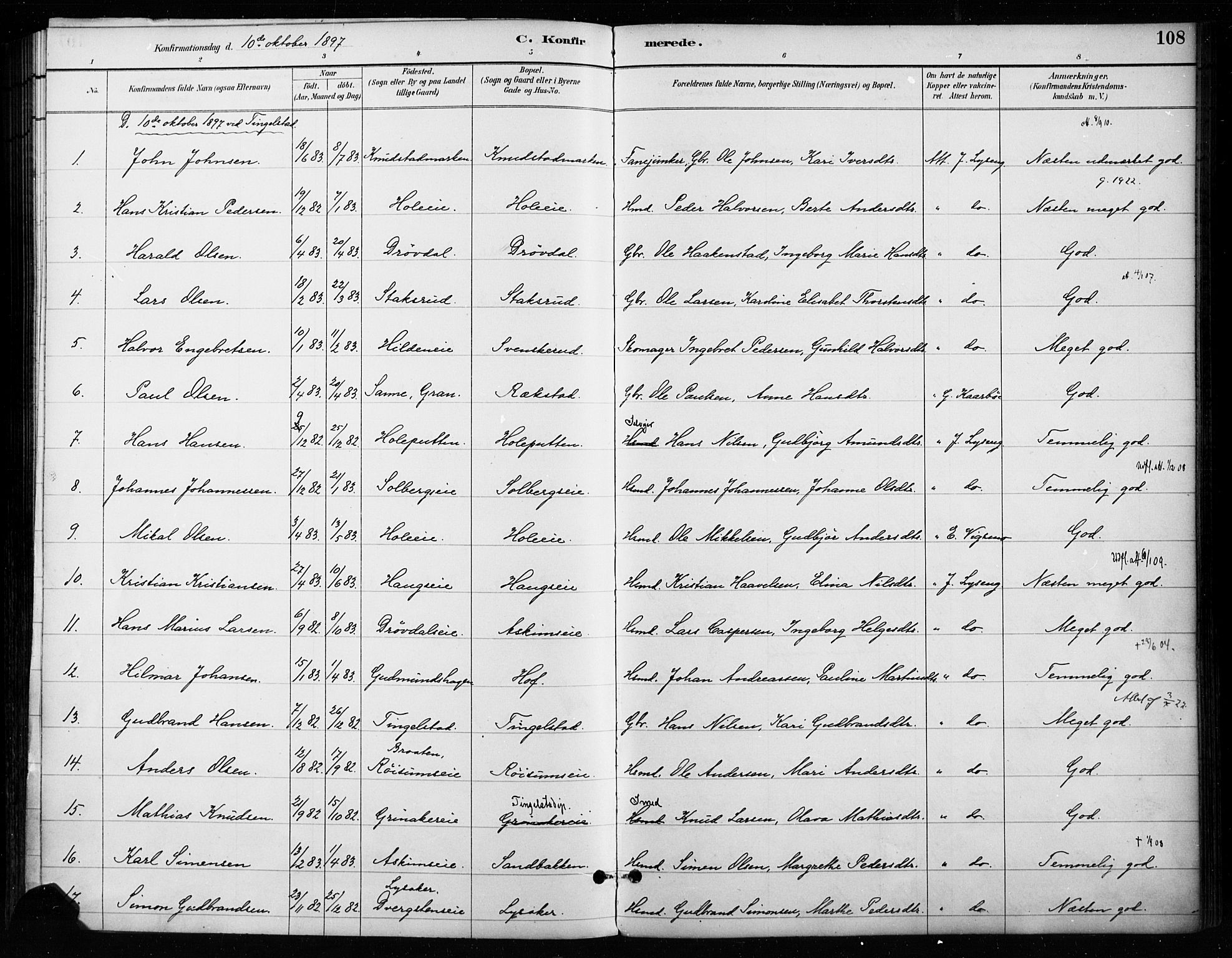 Gran prestekontor, SAH/PREST-112/H/Ha/Haa/L0018: Parish register (official) no. 18, 1889-1899, p. 108