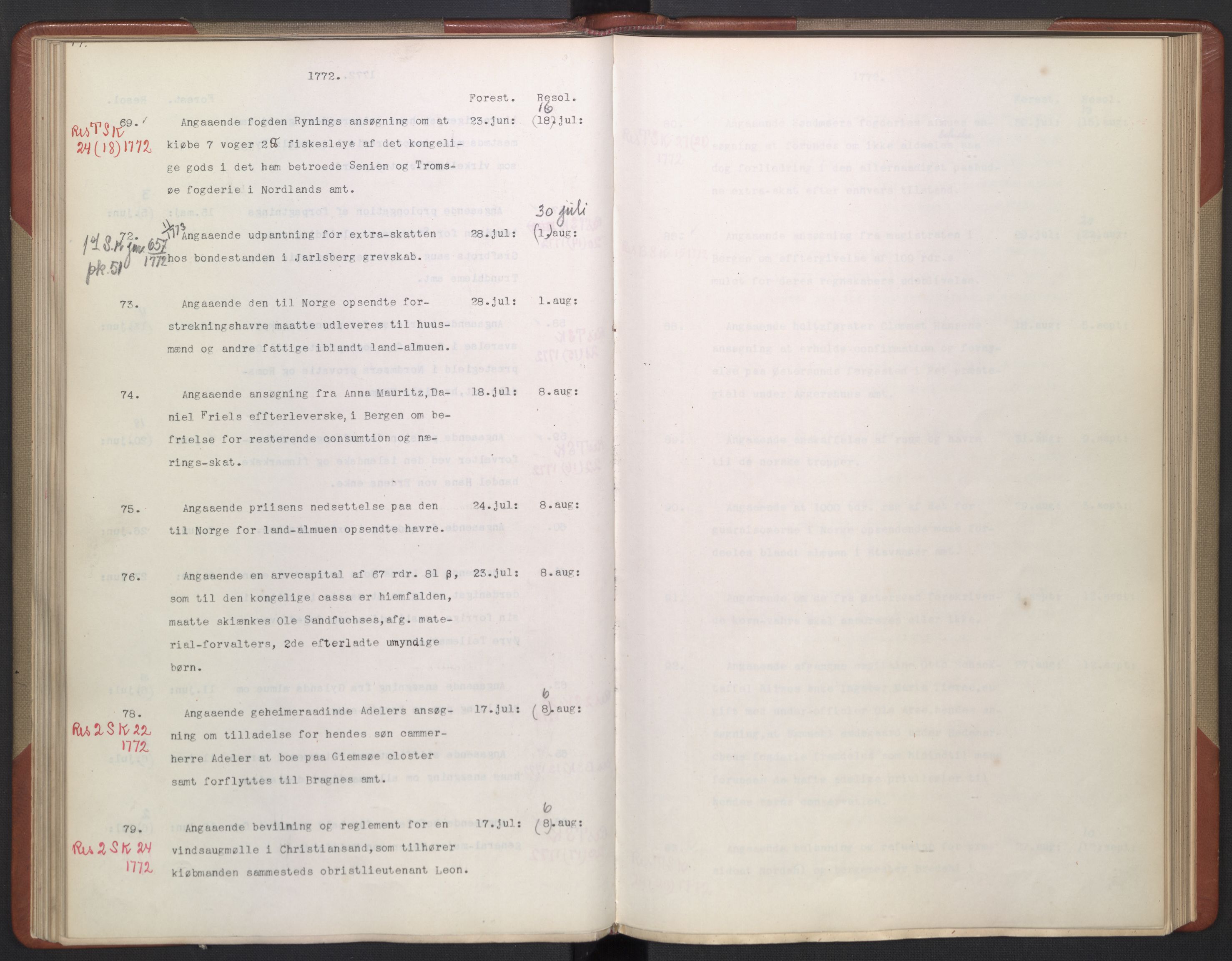 Avskriftsamlingen, AV/RA-EA-4022/F/Fb/L0120: Registratur over norske Relasjons- og resolusjonsprotokoller, 1766-1772, p. 49