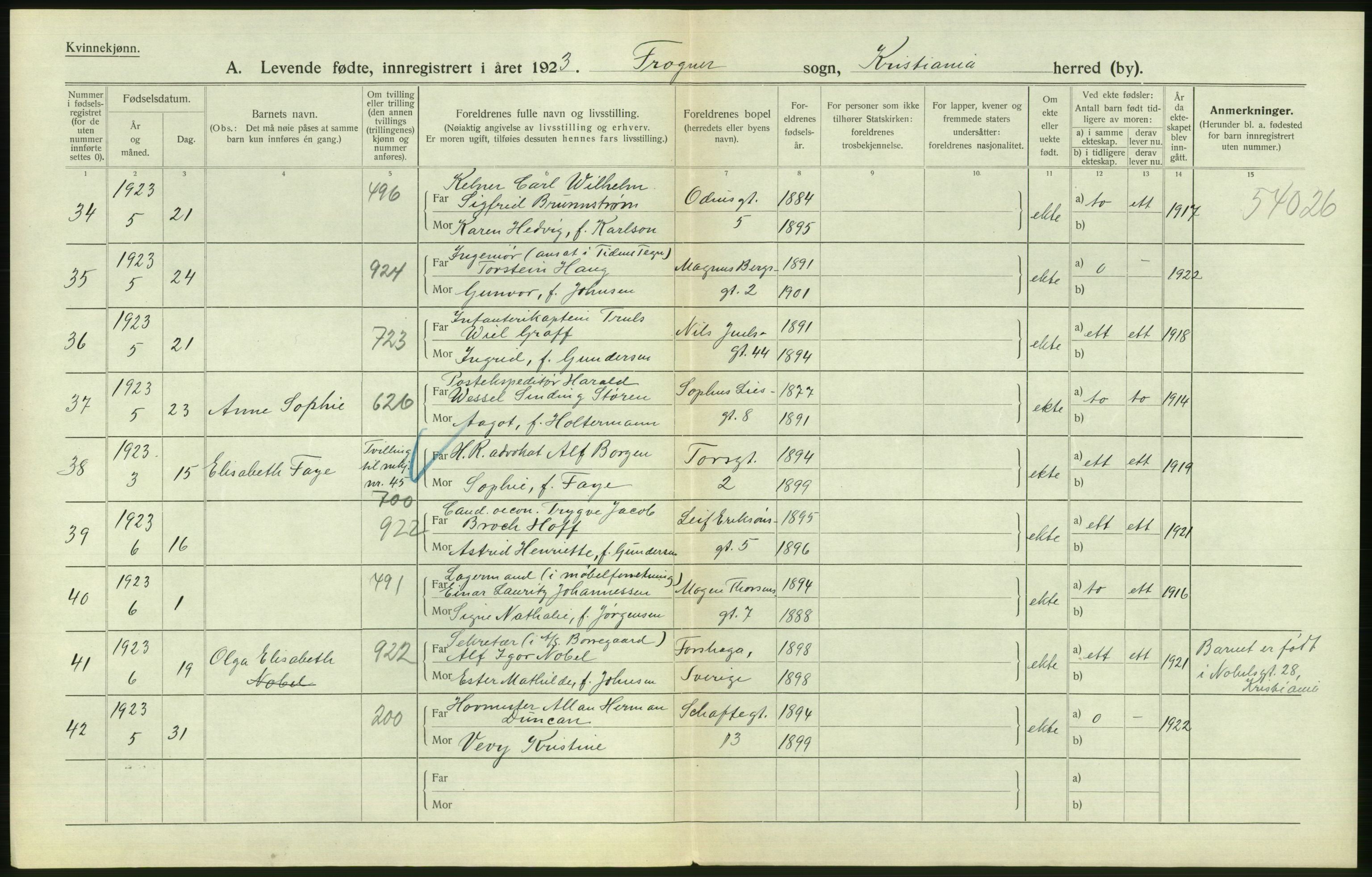 Statistisk sentralbyrå, Sosiodemografiske emner, Befolkning, AV/RA-S-2228/D/Df/Dfc/Dfcc/L0006: Kristiania: Levendefødte menn og kvinner., 1923, p. 656