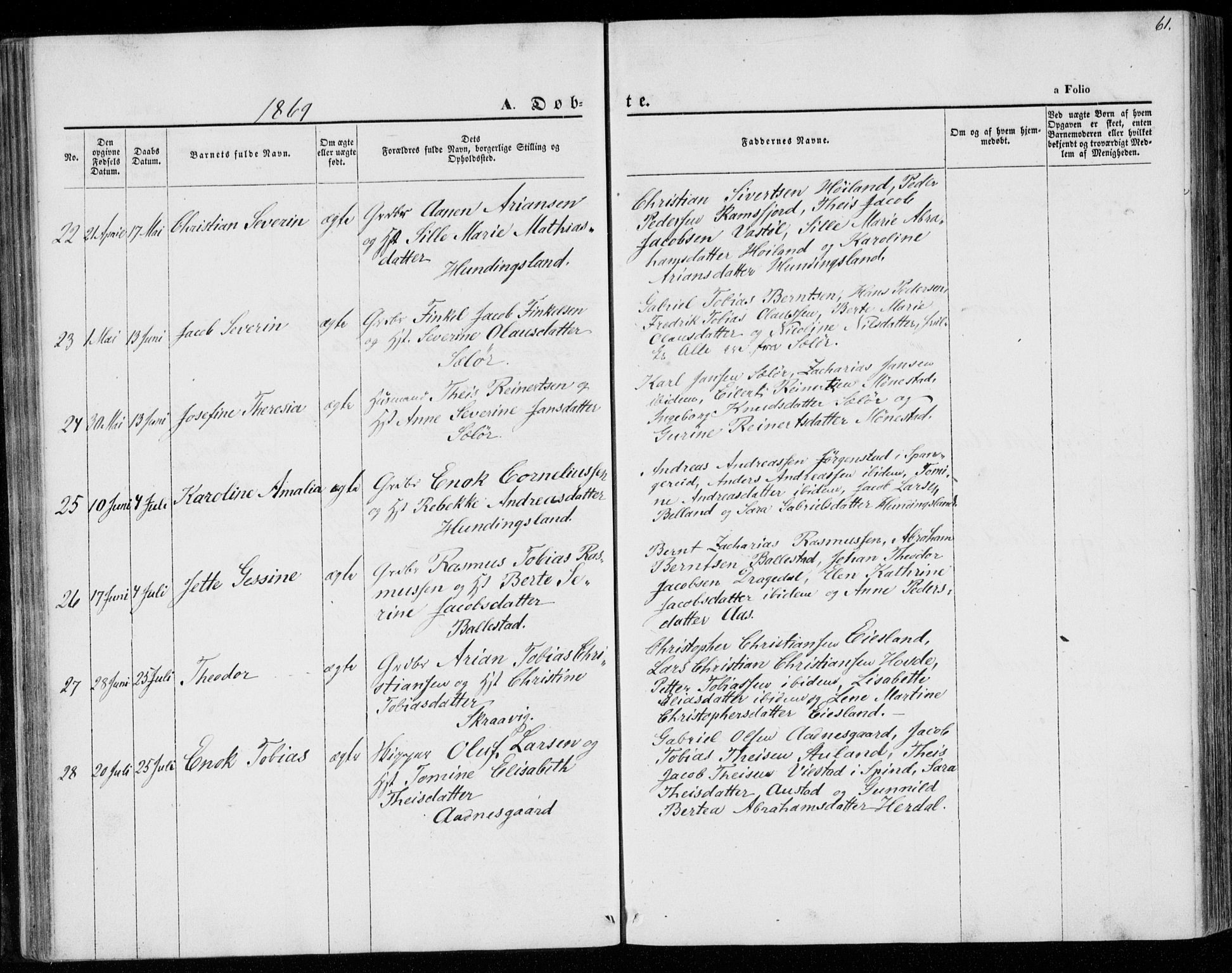 Lyngdal sokneprestkontor, SAK/1111-0029/F/Fa/Faa/L0002: Parish register (official) no. A 2, 1858-1870, p. 61
