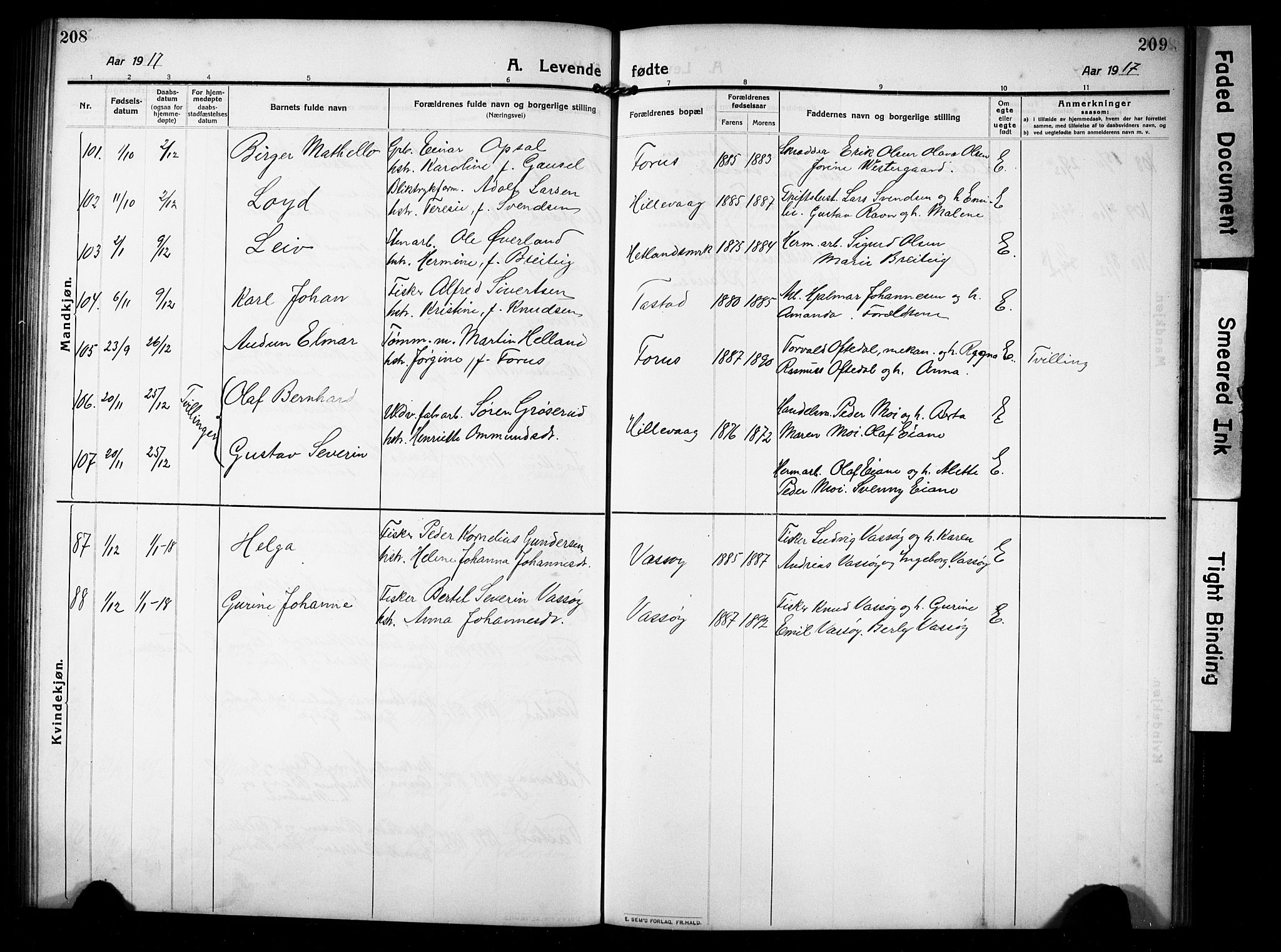 Hetland sokneprestkontor, AV/SAST-A-101826/30/30BB/L0008: Parish register (copy) no. B 8, 1910-1921, p. 208-209