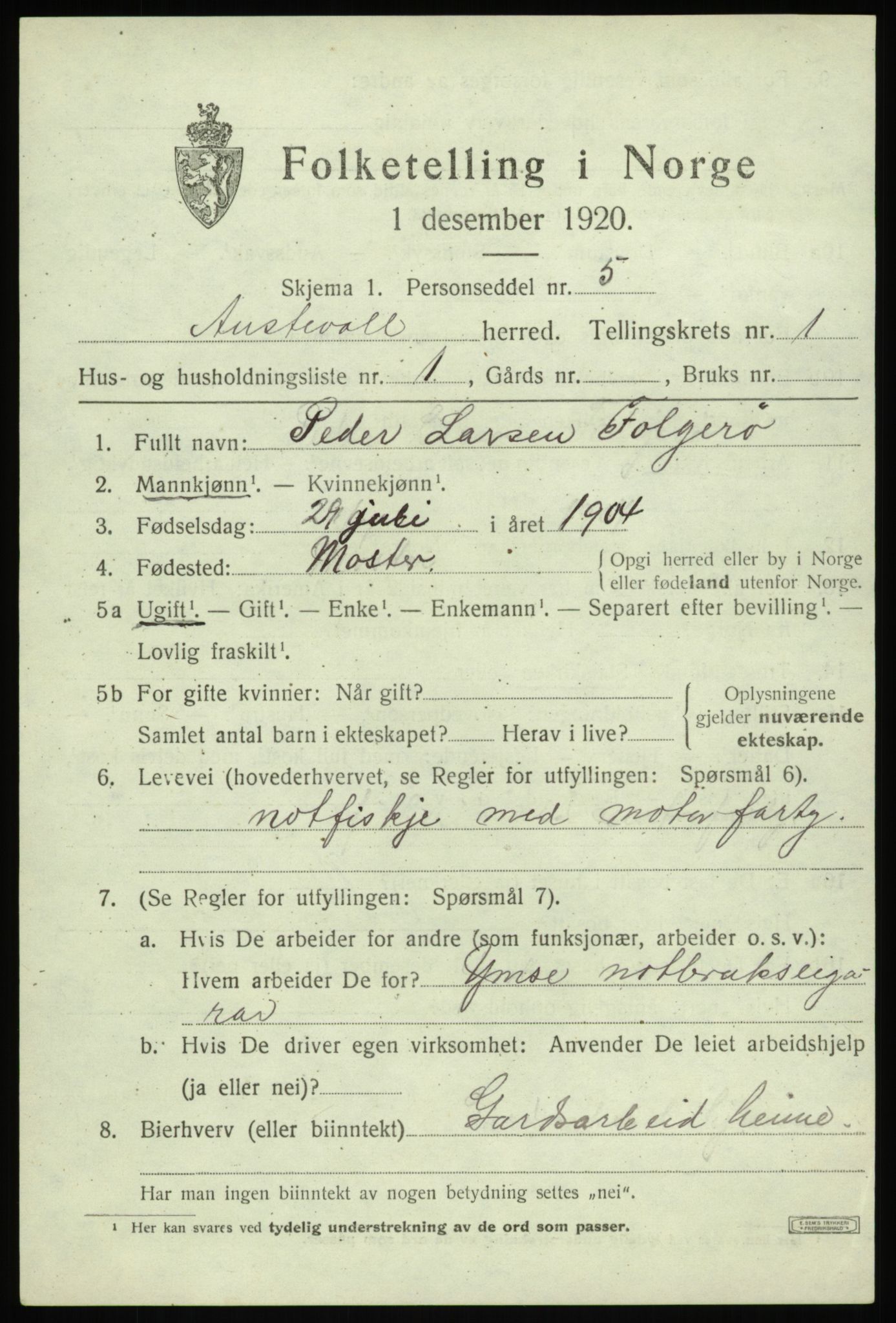 SAB, 1920 census for Austevoll, 1920, p. 908