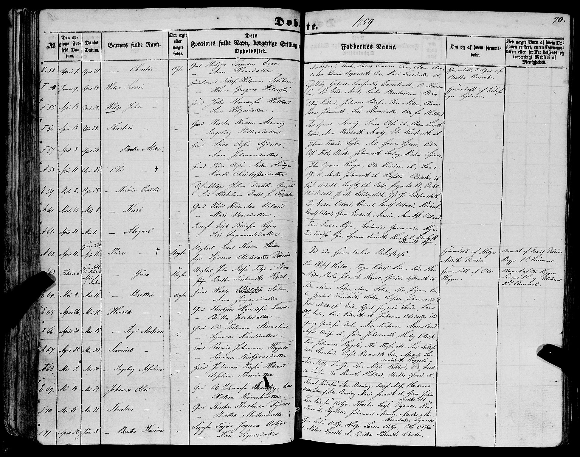 Fjelberg sokneprestembete, SAB/A-75201/H/Haa: Parish register (official) no. A 7, 1851-1867, p. 70