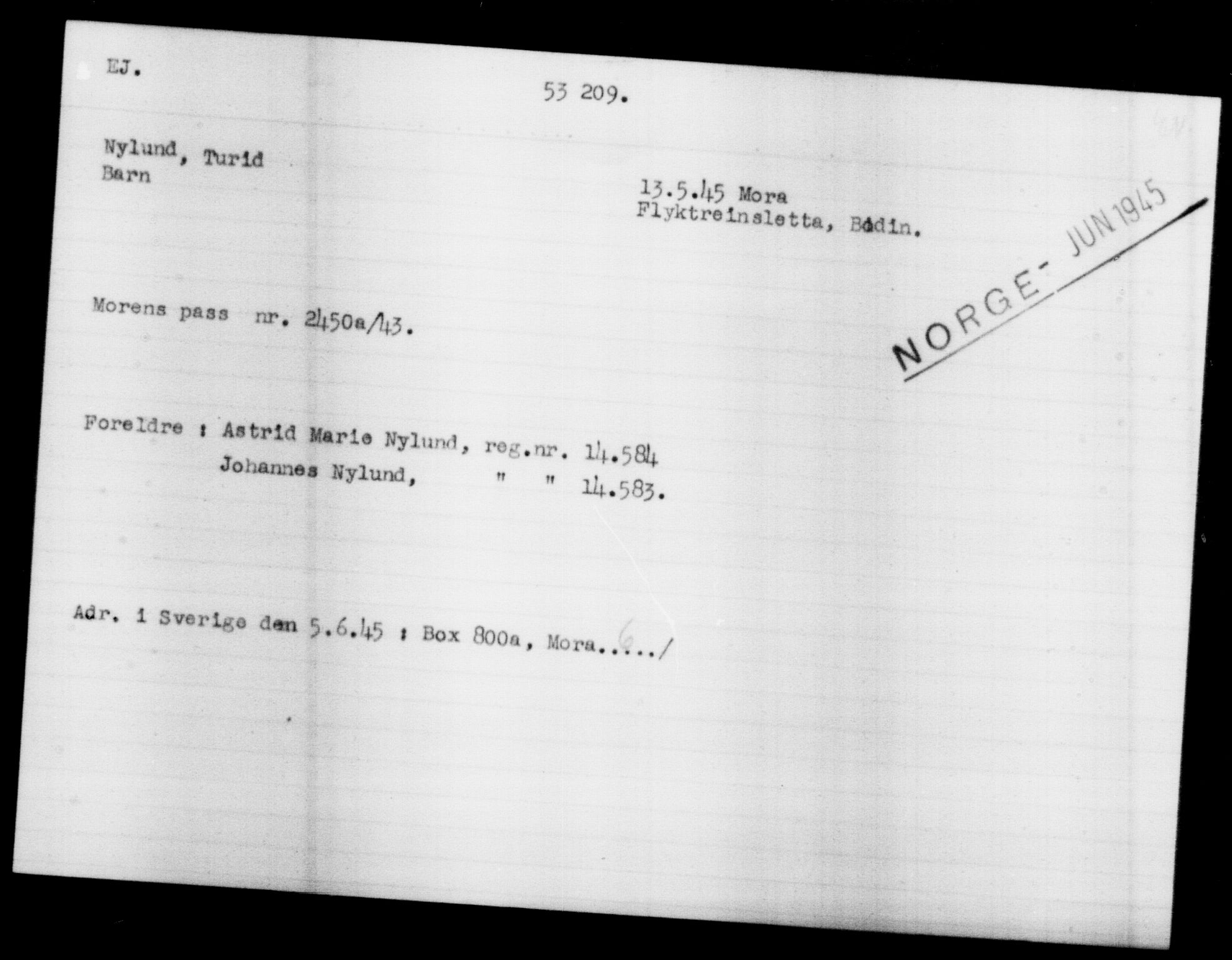 Utenriksstasjonene, Legasjonen i Stockholm, Flyktningkontoret, AV/RA-S-6753/V/Va/L0019: Kjesäterkartoteket, flyktninger med registreringsnr. 49600-55060, 1940-1945, p. 2671