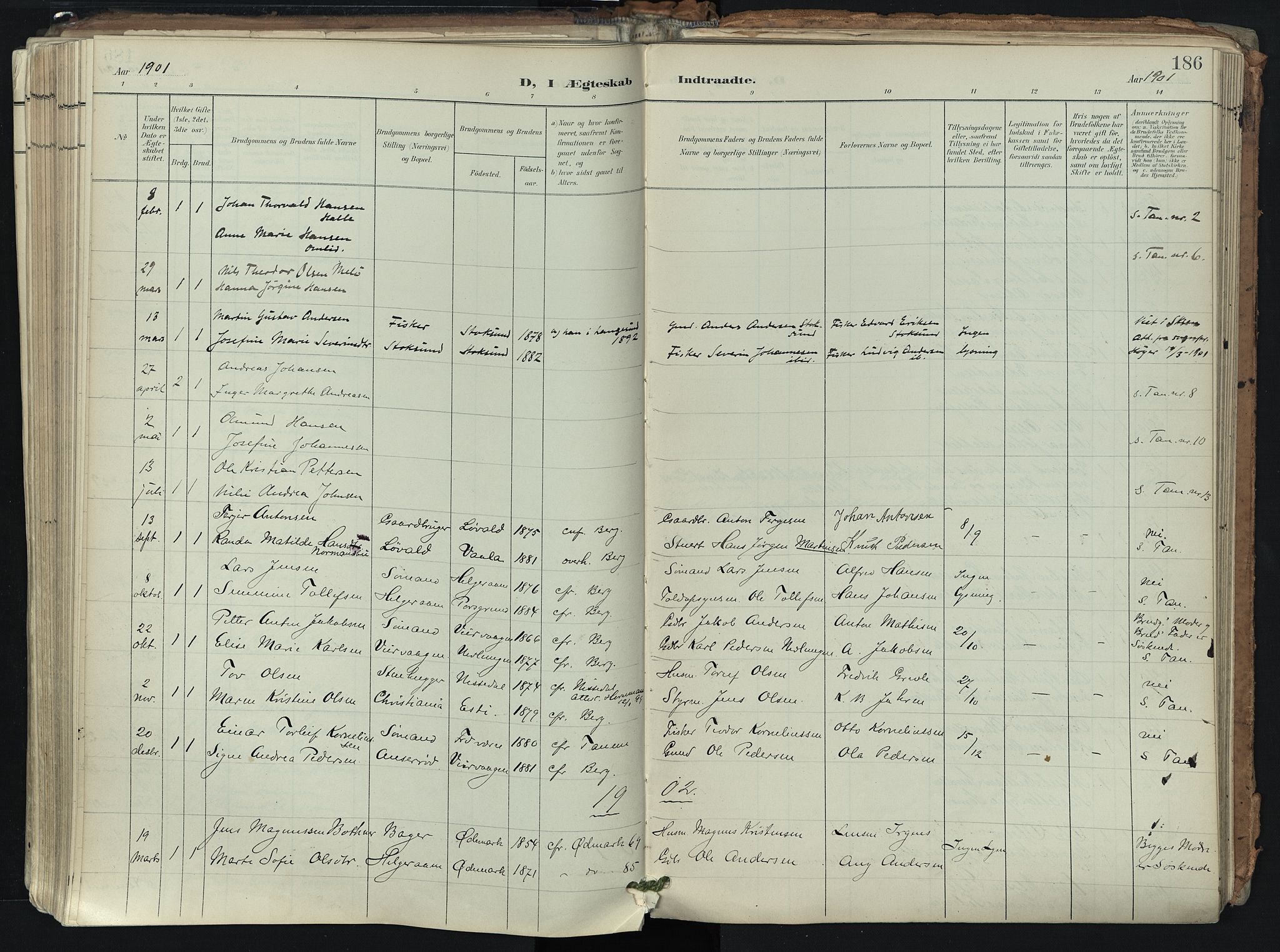 Brunlanes kirkebøker, SAKO/A-342/F/Fb/L0003: Parish register (official) no. II 3, 1900-1922, p. 186