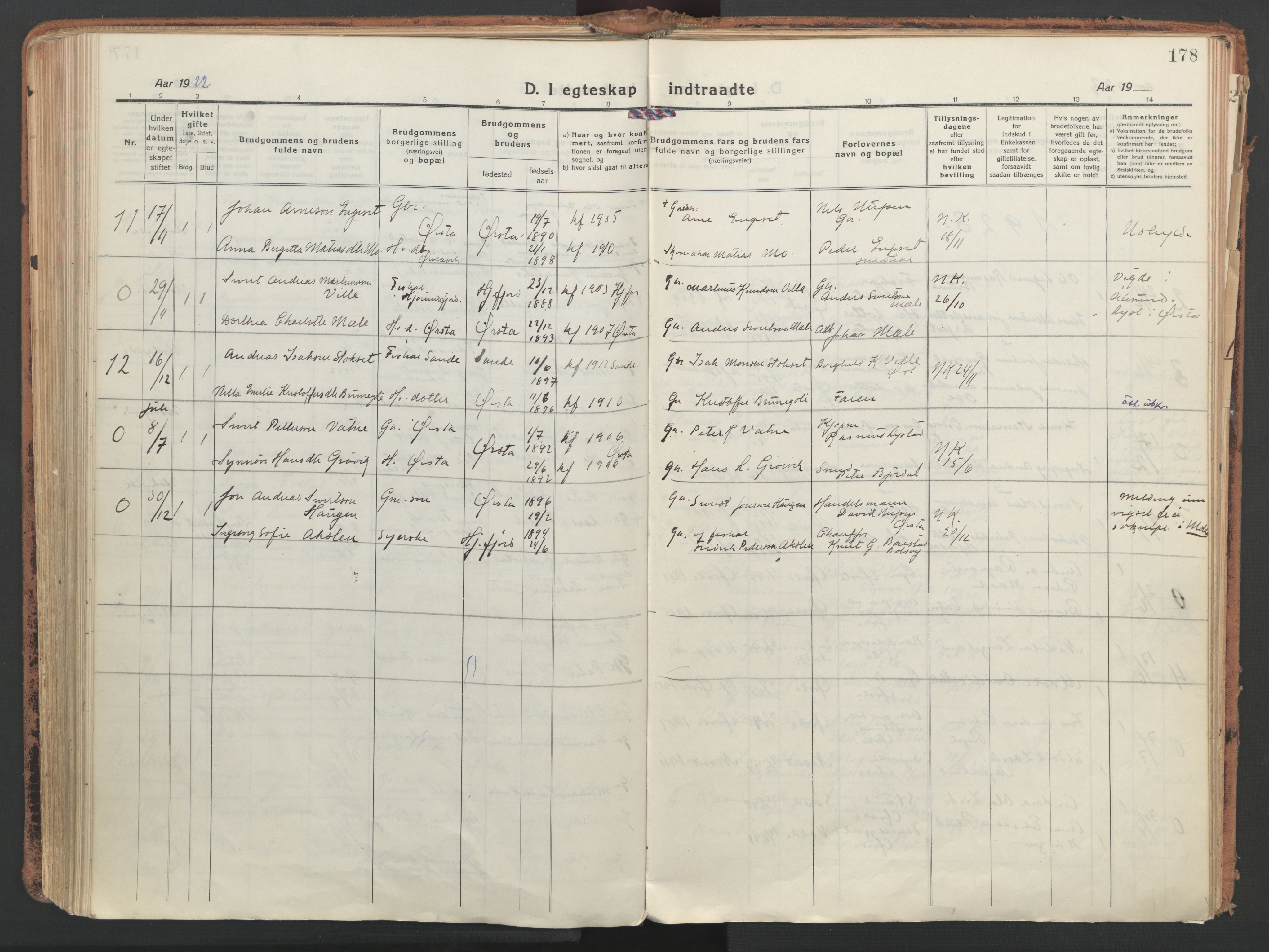 Ministerialprotokoller, klokkerbøker og fødselsregistre - Møre og Romsdal, SAT/A-1454/513/L0180: Parish register (official) no. 513A07, 1919-1929, p. 178