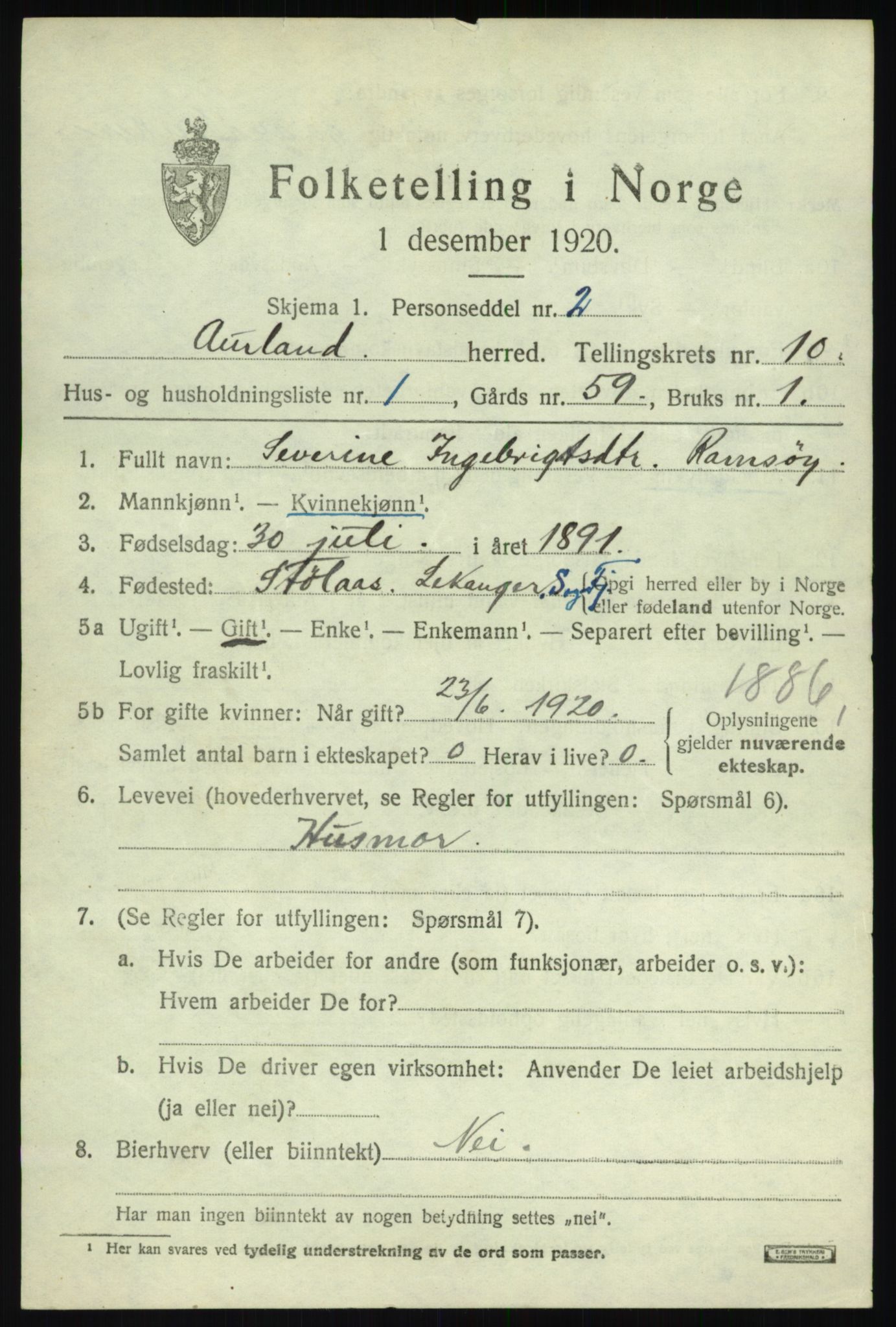 SAB, 1920 census for Aurland, 1920, p. 5030