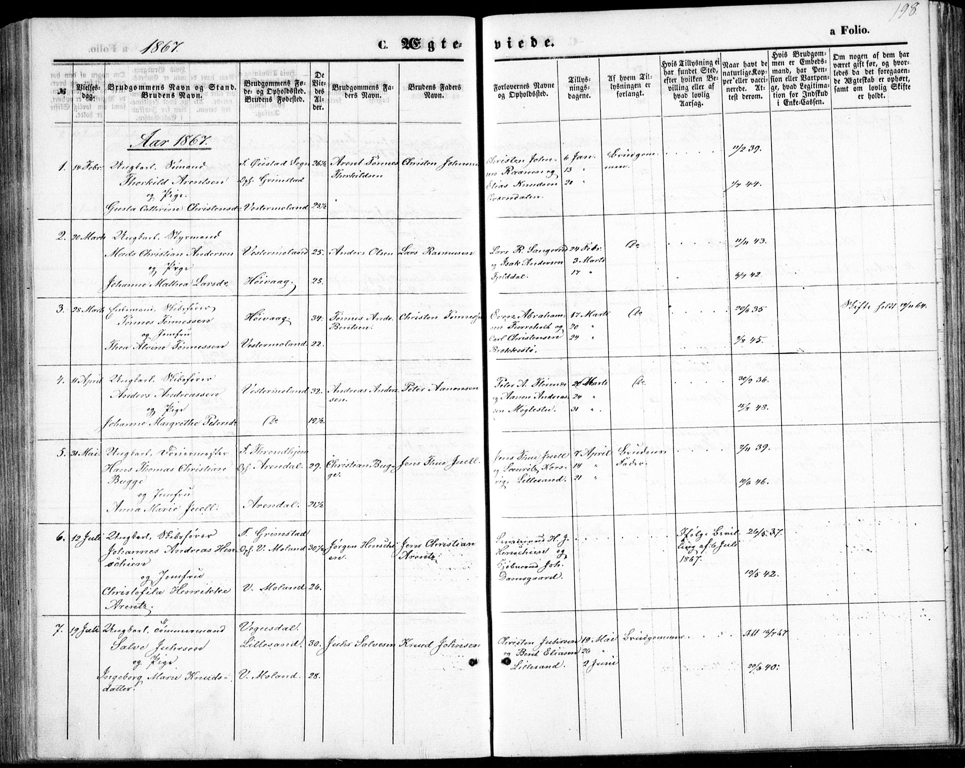 Vestre Moland sokneprestkontor, SAK/1111-0046/F/Fb/Fbb/L0004: Parish register (copy) no. B 4, 1861-1872, p. 198