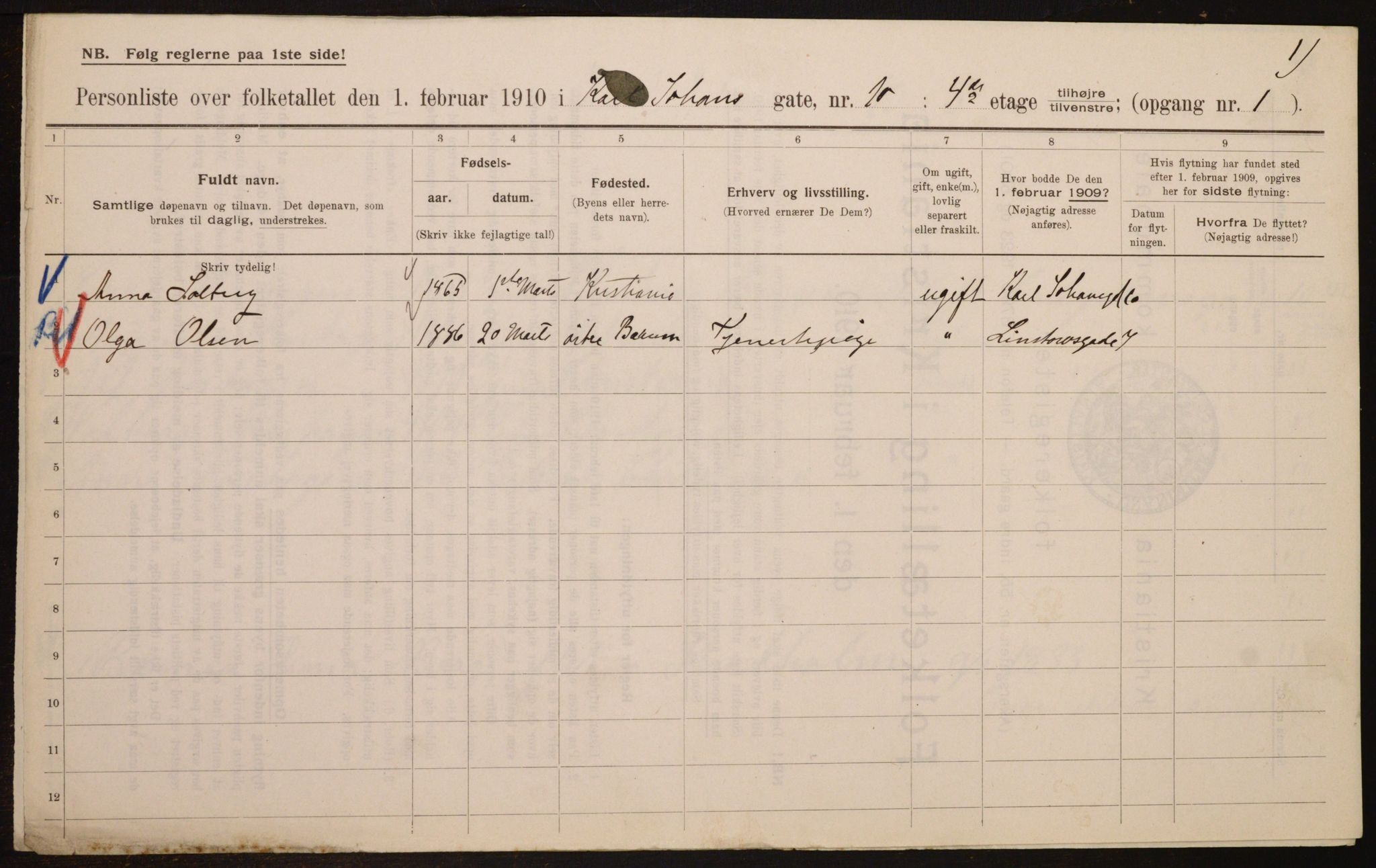 OBA, Municipal Census 1910 for Kristiania, 1910, p. 47338