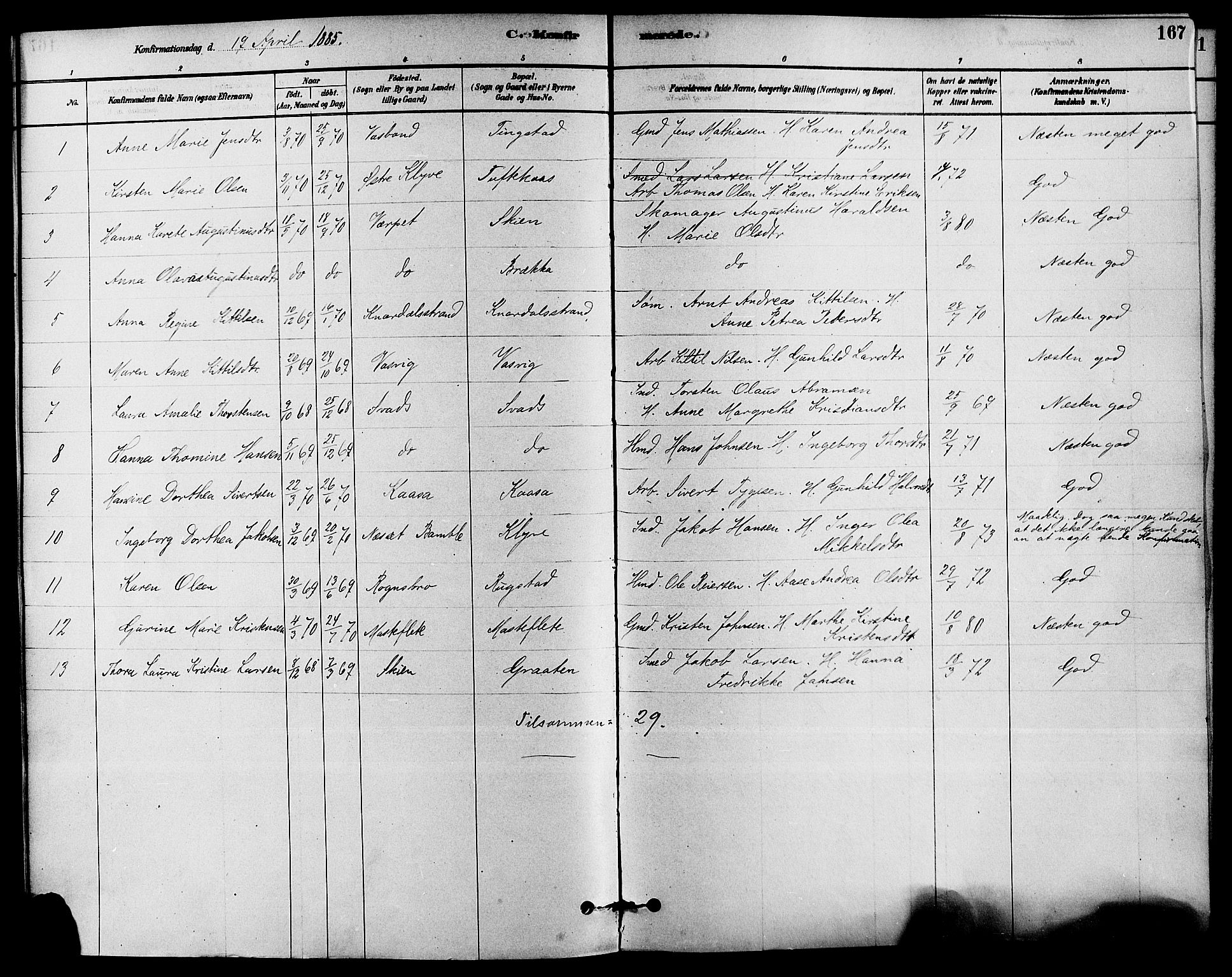 Solum kirkebøker, AV/SAKO-A-306/F/Fa/L0009: Parish register (official) no. I 9, 1877-1887, p. 167