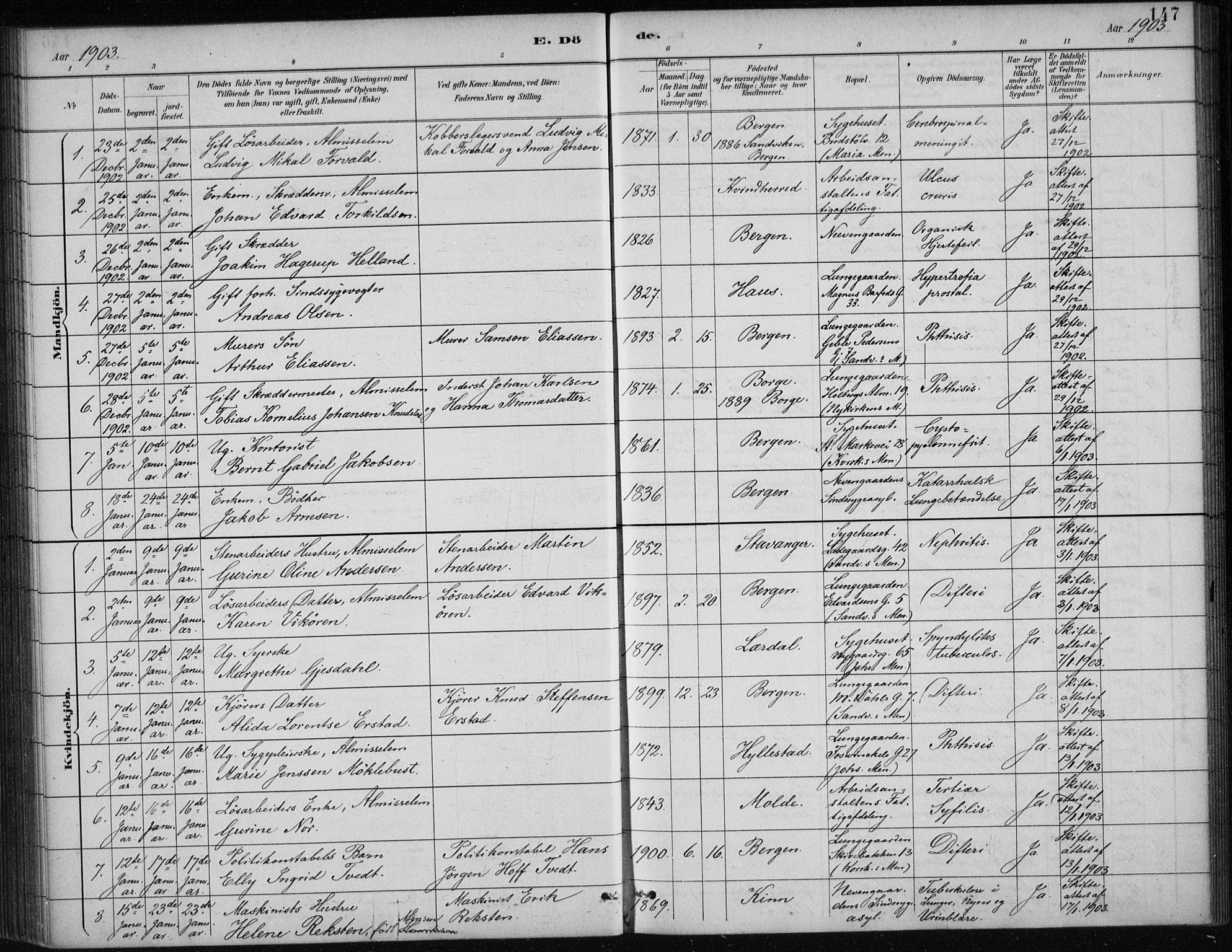 Bergen kommunale pleiehjem - stiftelsespresten, SAB/A-100281: Parish register (official) no. A 5, 1887-1908, p. 147