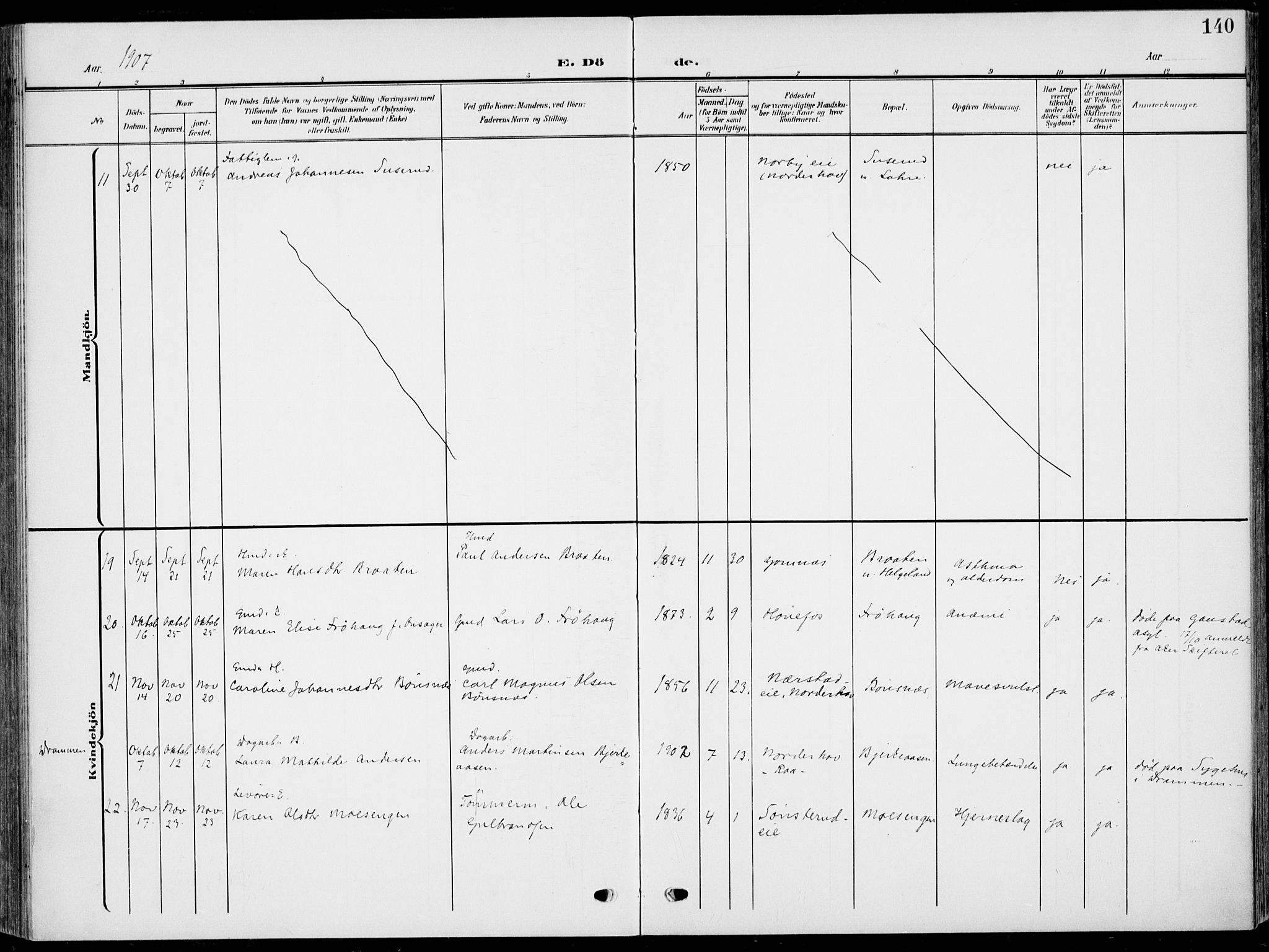 Hole kirkebøker, AV/SAKO-A-228/F/Fa/L0010: Parish register (official) no. I 10, 1907-1917, p. 140