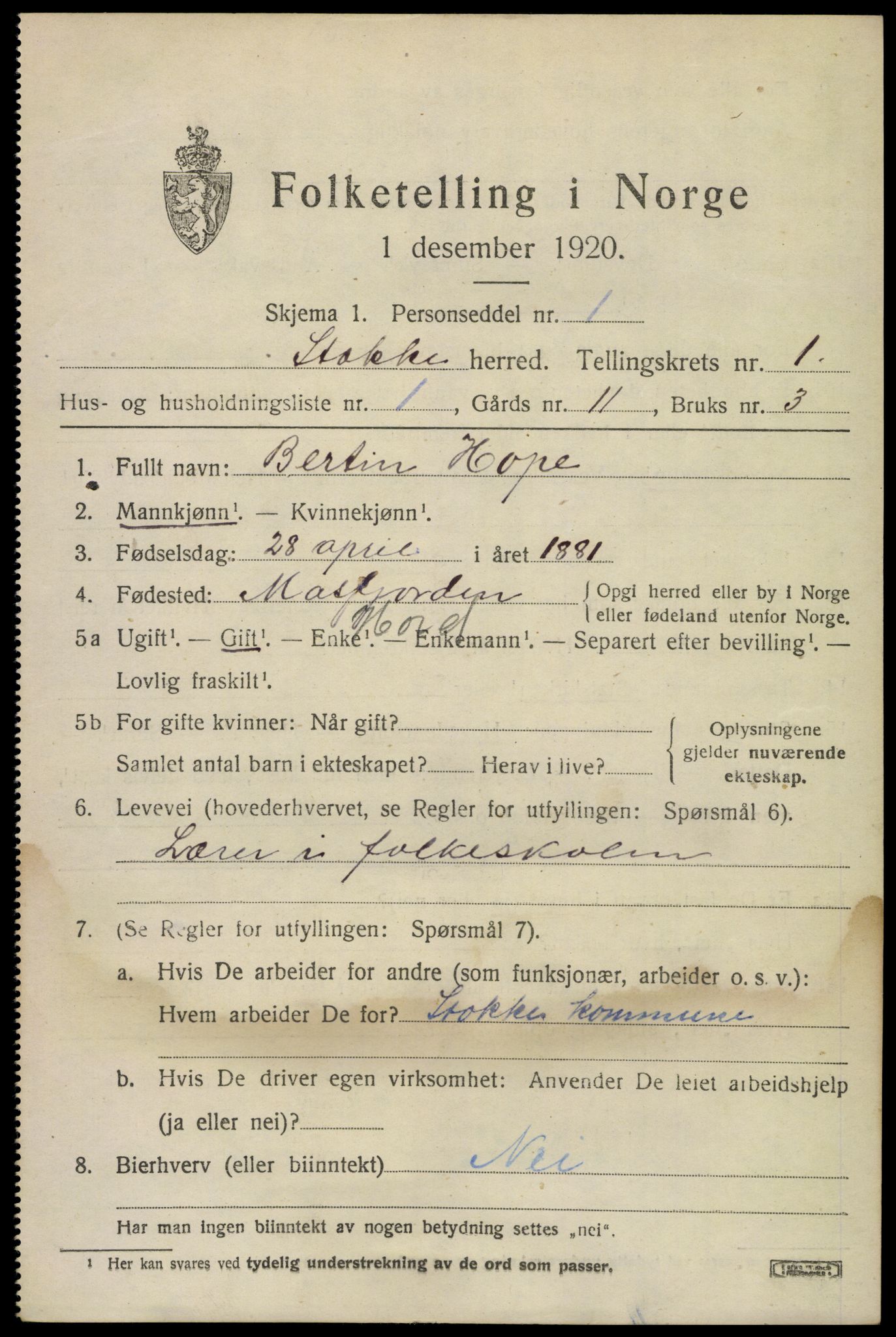SAKO, 1920 census for Stokke, 1920, p. 2036