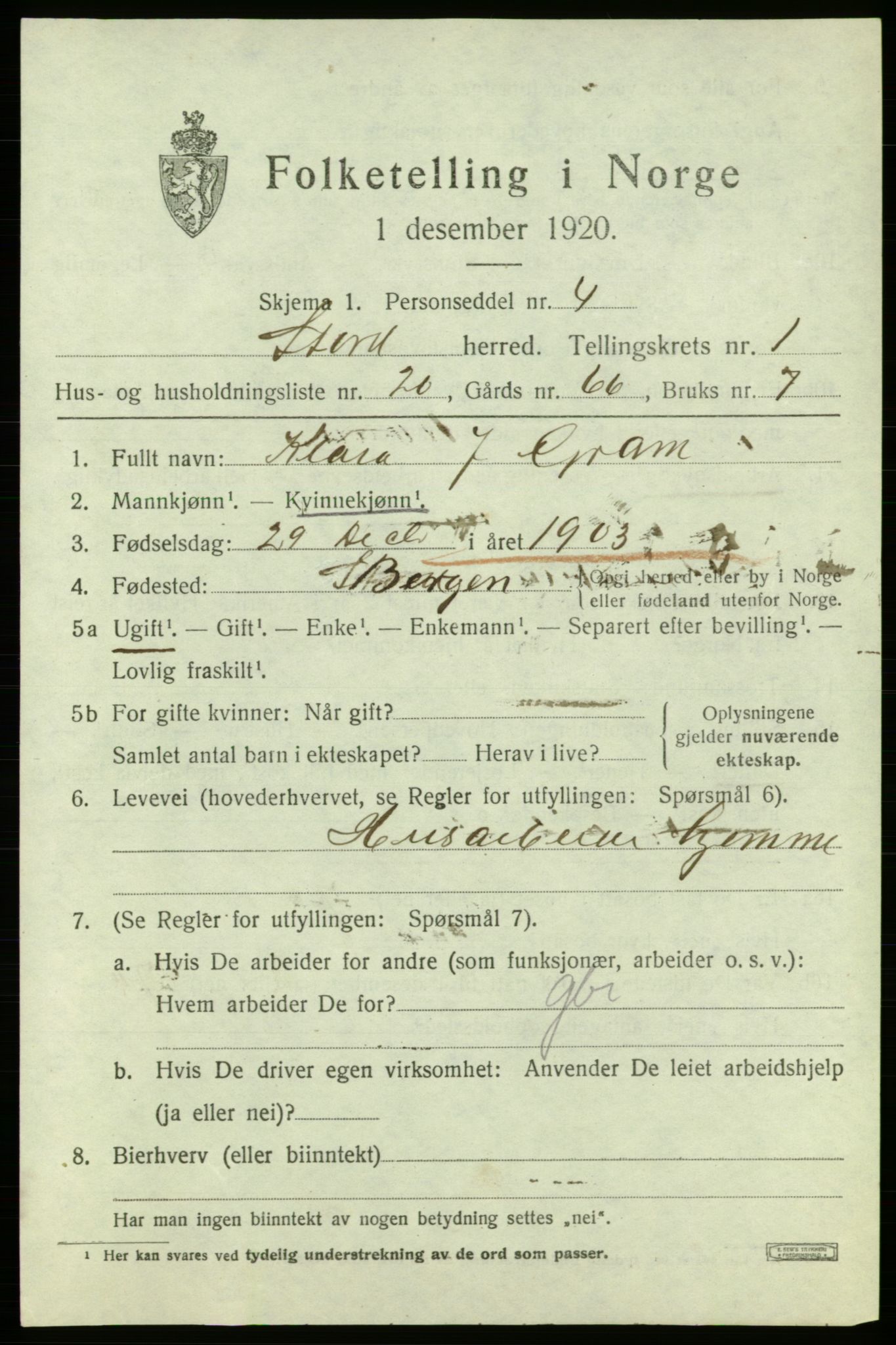 SAB, 1920 census for Stord, 1920, p. 1471