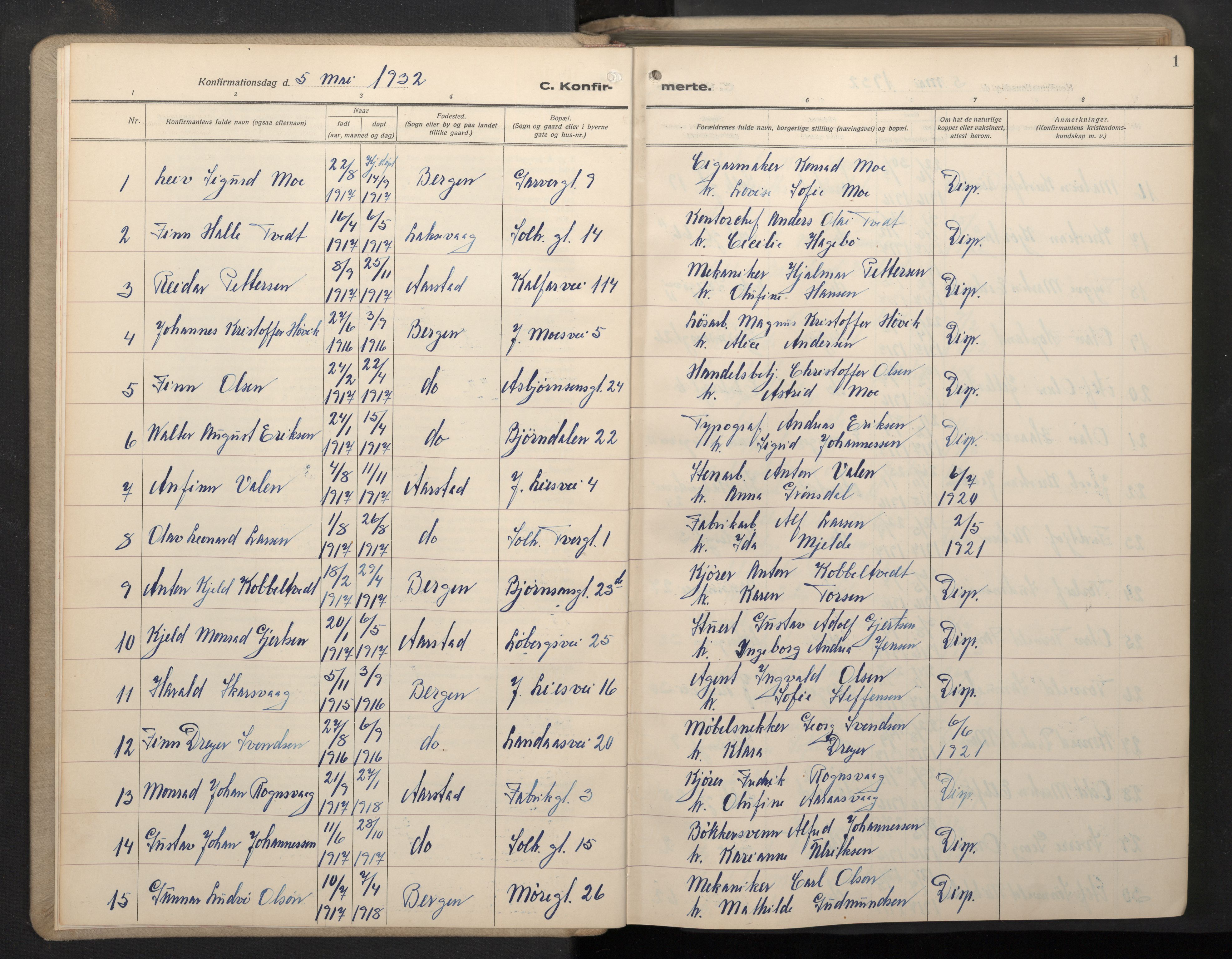 Årstad sokneprestembete, AV/SAB-A-79301/H/Hab/L0015: Parish register (copy) no. B 5, 1932-1945, p. 0b-1a