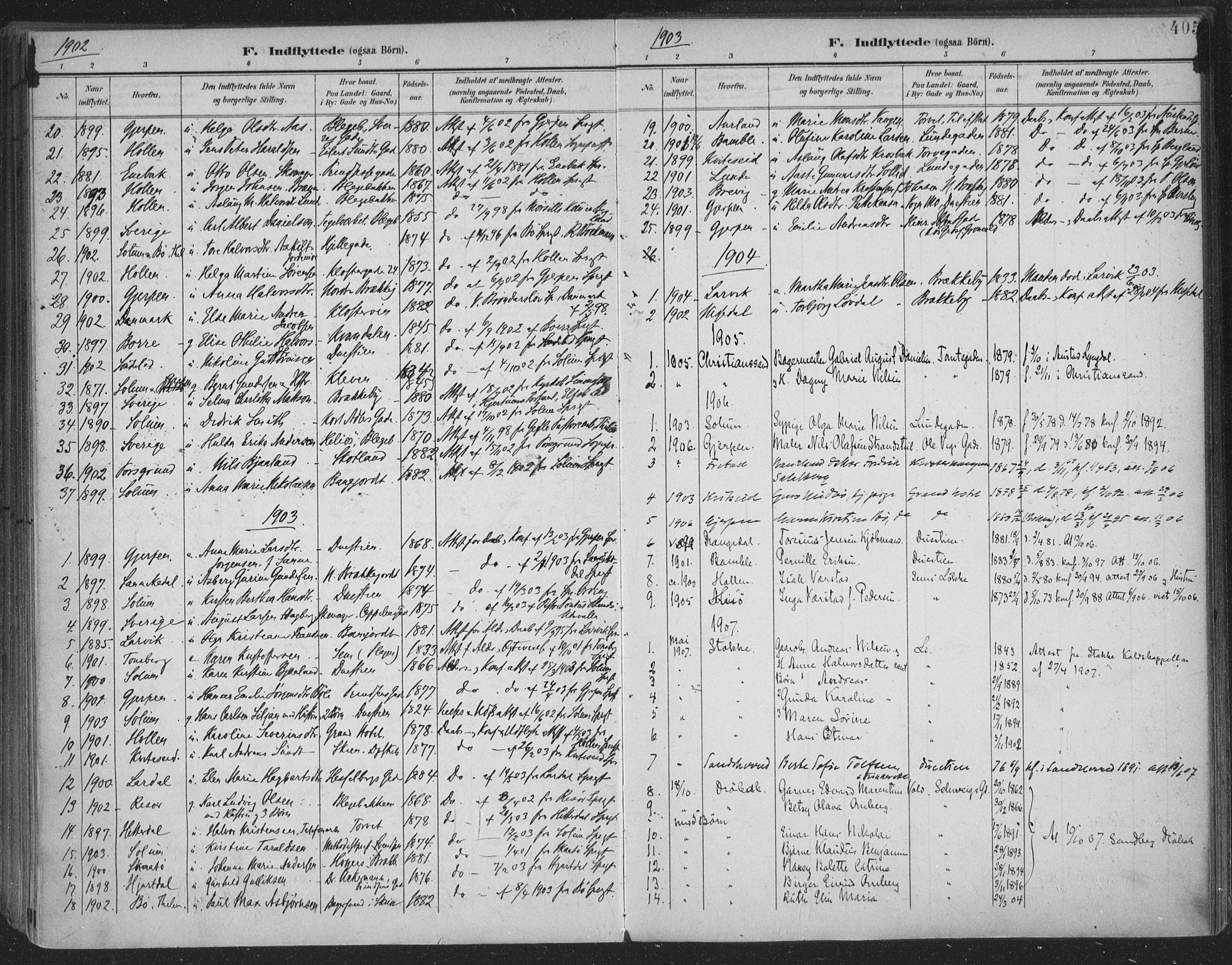 Skien kirkebøker, AV/SAKO-A-302/F/Fa/L0011: Parish register (official) no. 11, 1900-1907, p. 405