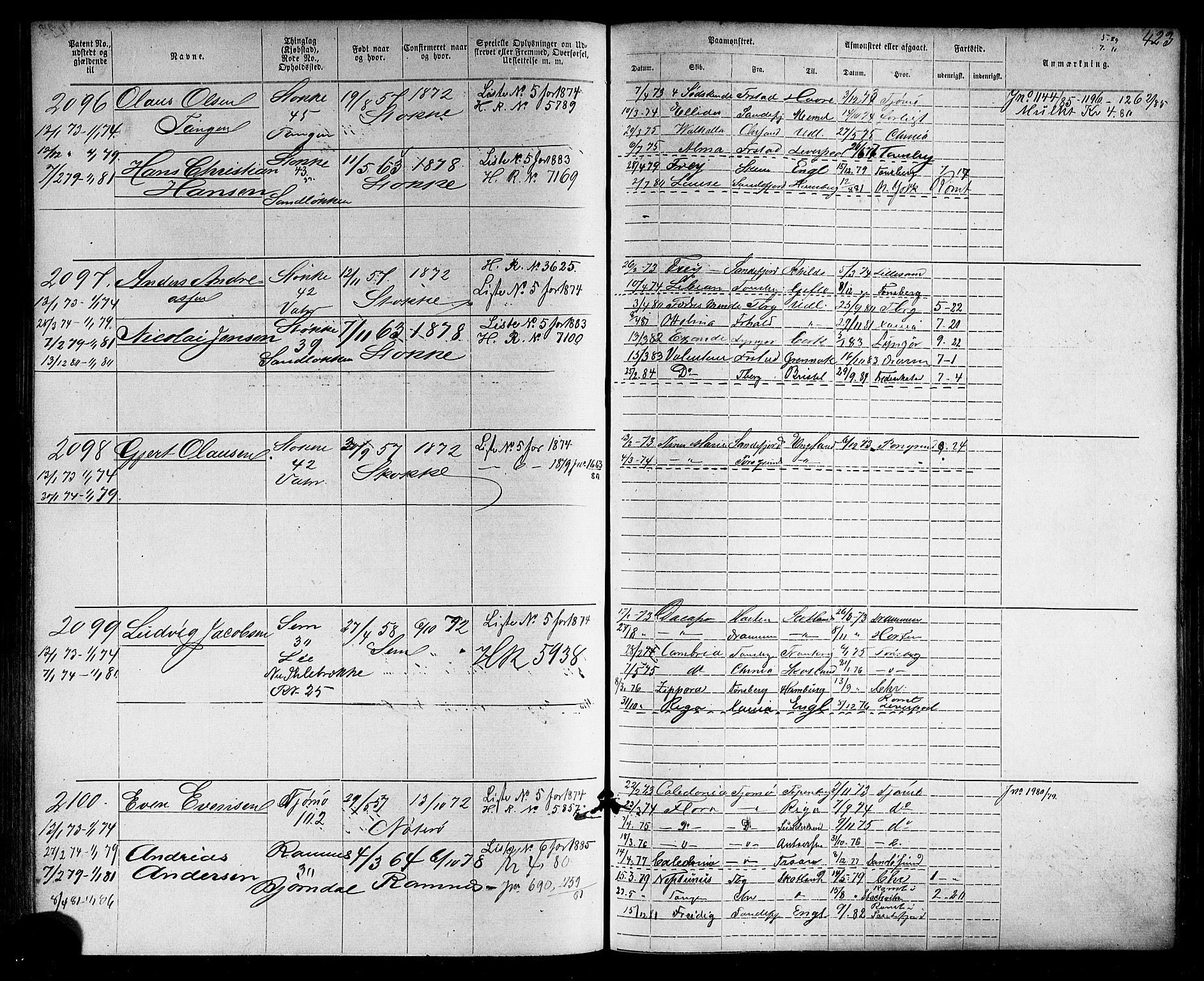 Tønsberg innrulleringskontor, SAKO/A-786/F/Fb/L0006: Annotasjonsrulle Patent nr. 1-2635, 1868-1877, p. 424