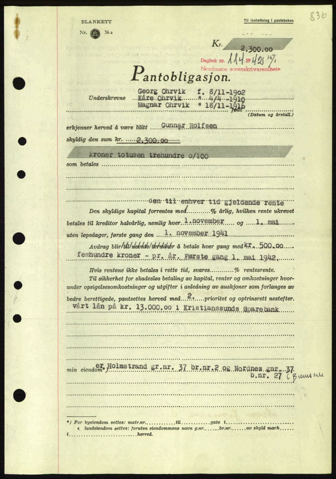 Nordmøre sorenskriveri, SAT/A-4132/1/2/2Ca: Mortgage book no. B88, 1941-1942, Diary no: : 114/1942
