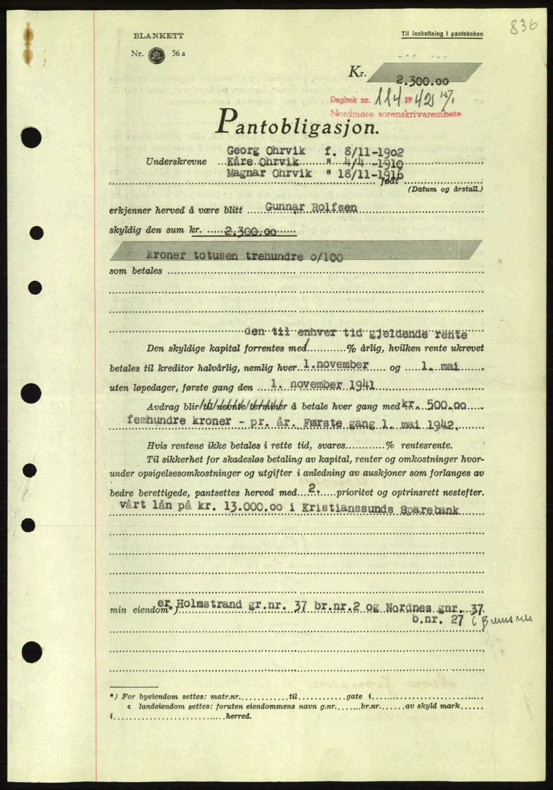 Nordmøre sorenskriveri, AV/SAT-A-4132/1/2/2Ca: Mortgage book no. B88, 1941-1942, Diary no: : 114/1942