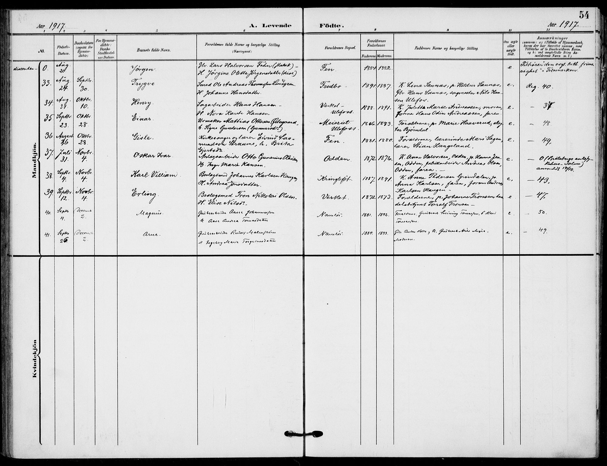 Holla kirkebøker, AV/SAKO-A-272/F/Fa/L0012: Parish register (official) no. 12, 1907-1923, p. 54