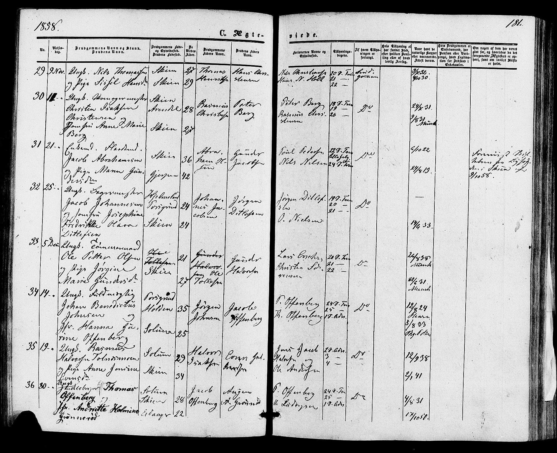 Skien kirkebøker, SAKO/A-302/F/Fa/L0007: Parish register (official) no. 7, 1856-1865, p. 181