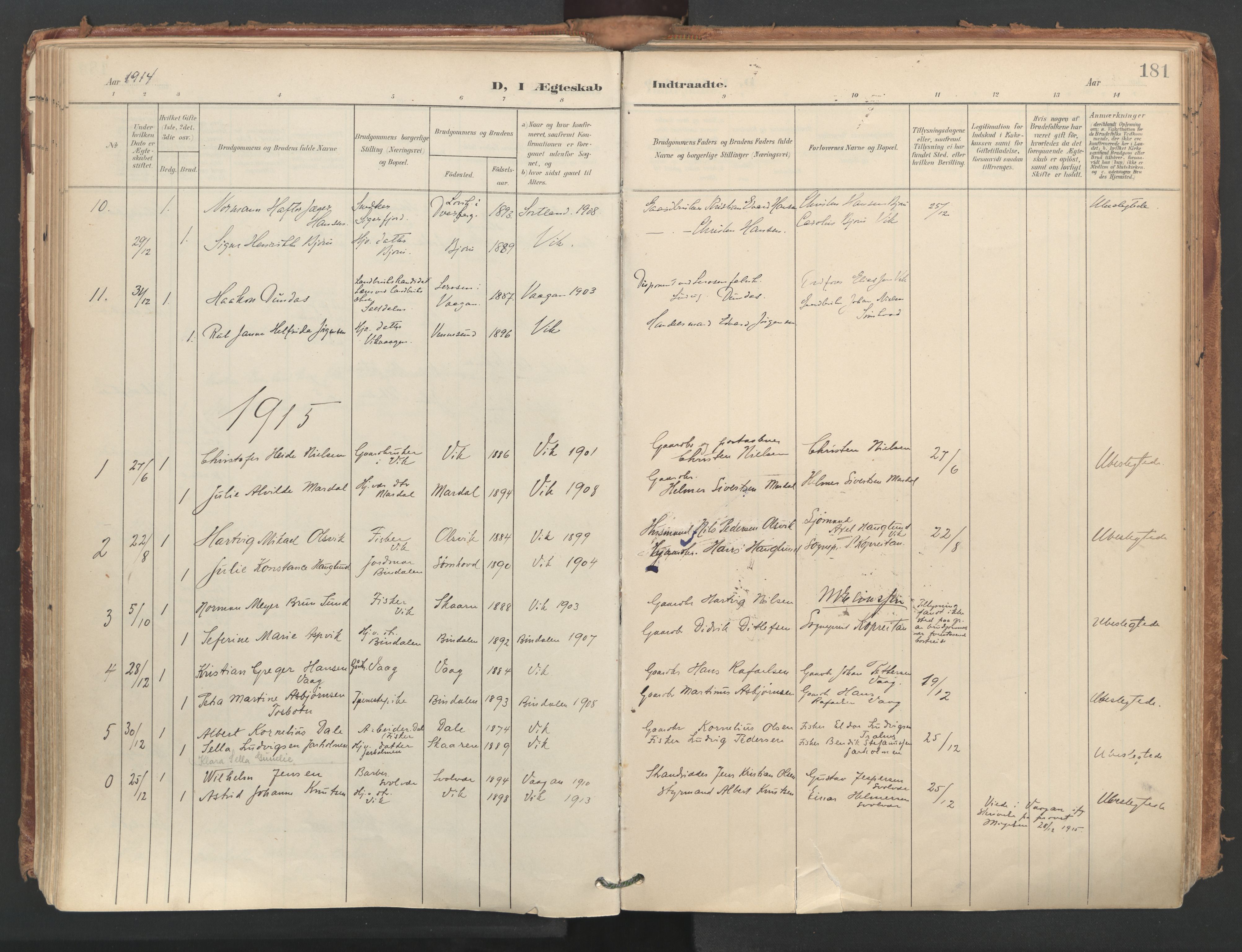 Ministerialprotokoller, klokkerbøker og fødselsregistre - Nordland, SAT/A-1459/812/L0180: Parish register (official) no. 812A09, 1901-1915, p. 181