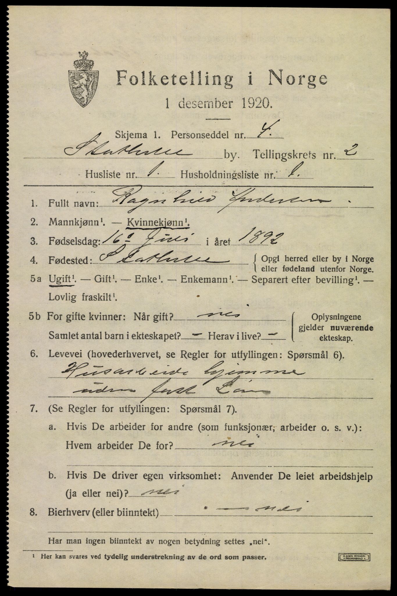 SAKO, 1920 census for Stathelle, 1920, p. 1069