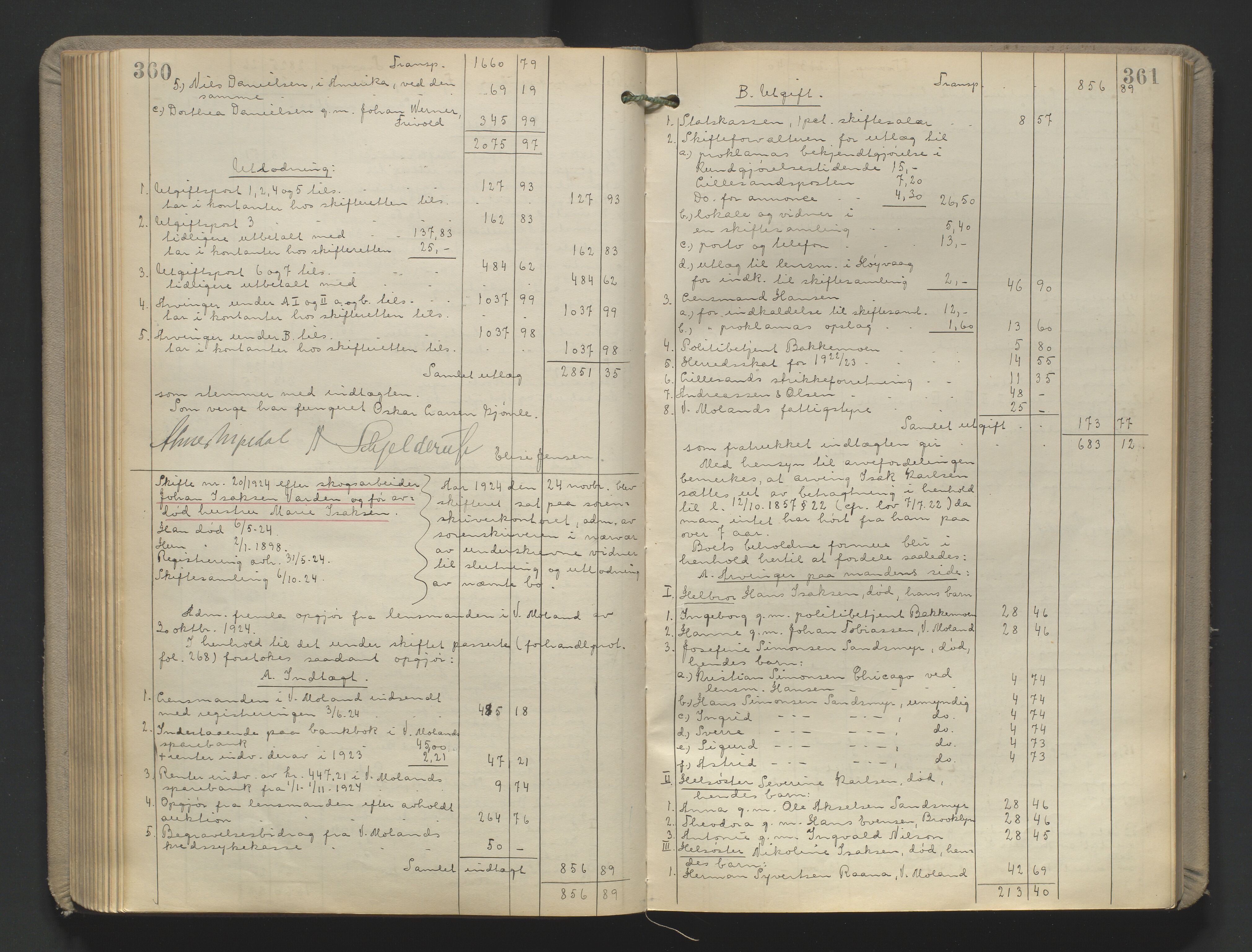 Vestre Nedenes/Sand sorenskriveri, AV/SAK-1221-0010/H/Hc/L0022: Skifteutlodningsprotokoll nr. 9, 1919-1932, p. 360-361