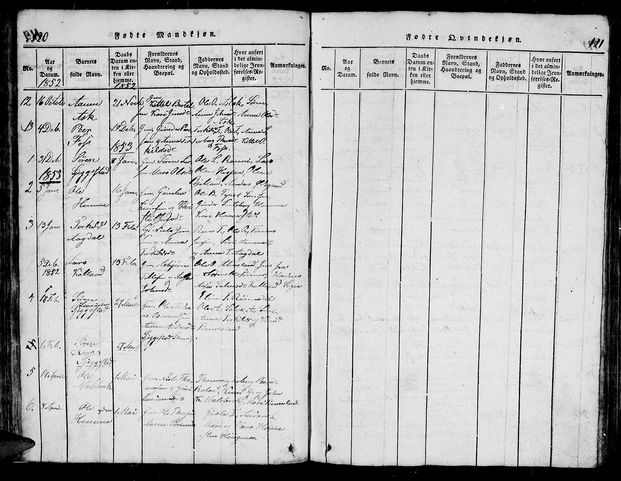 Bjelland sokneprestkontor, SAK/1111-0005/F/Fb/Fba/L0003: Parish register (copy) no. B 3, 1816-1870, p. 120-121