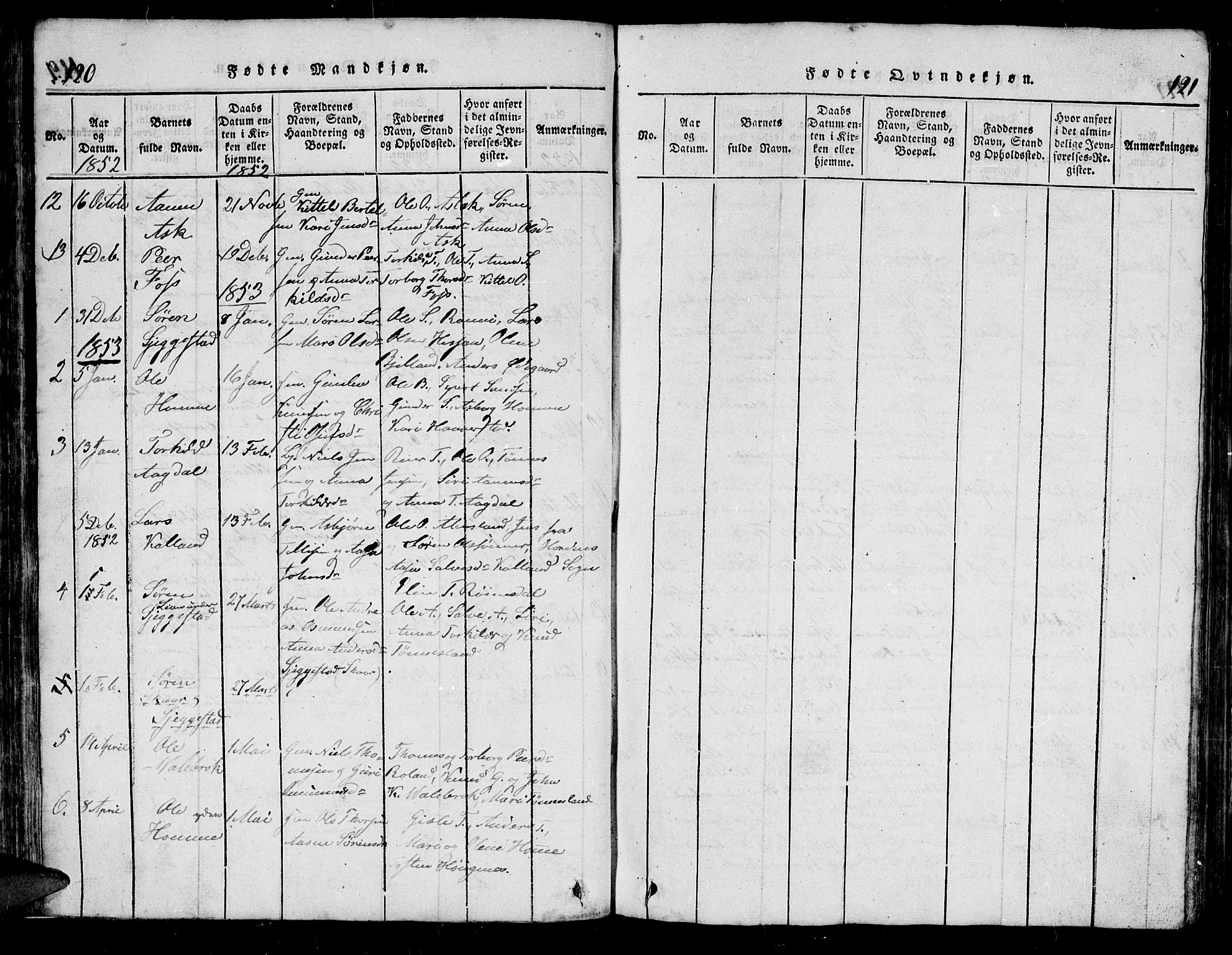 Bjelland sokneprestkontor, AV/SAK-1111-0005/F/Fb/Fba/L0003: Parish register (copy) no. B 3, 1816-1870, p. 120-121