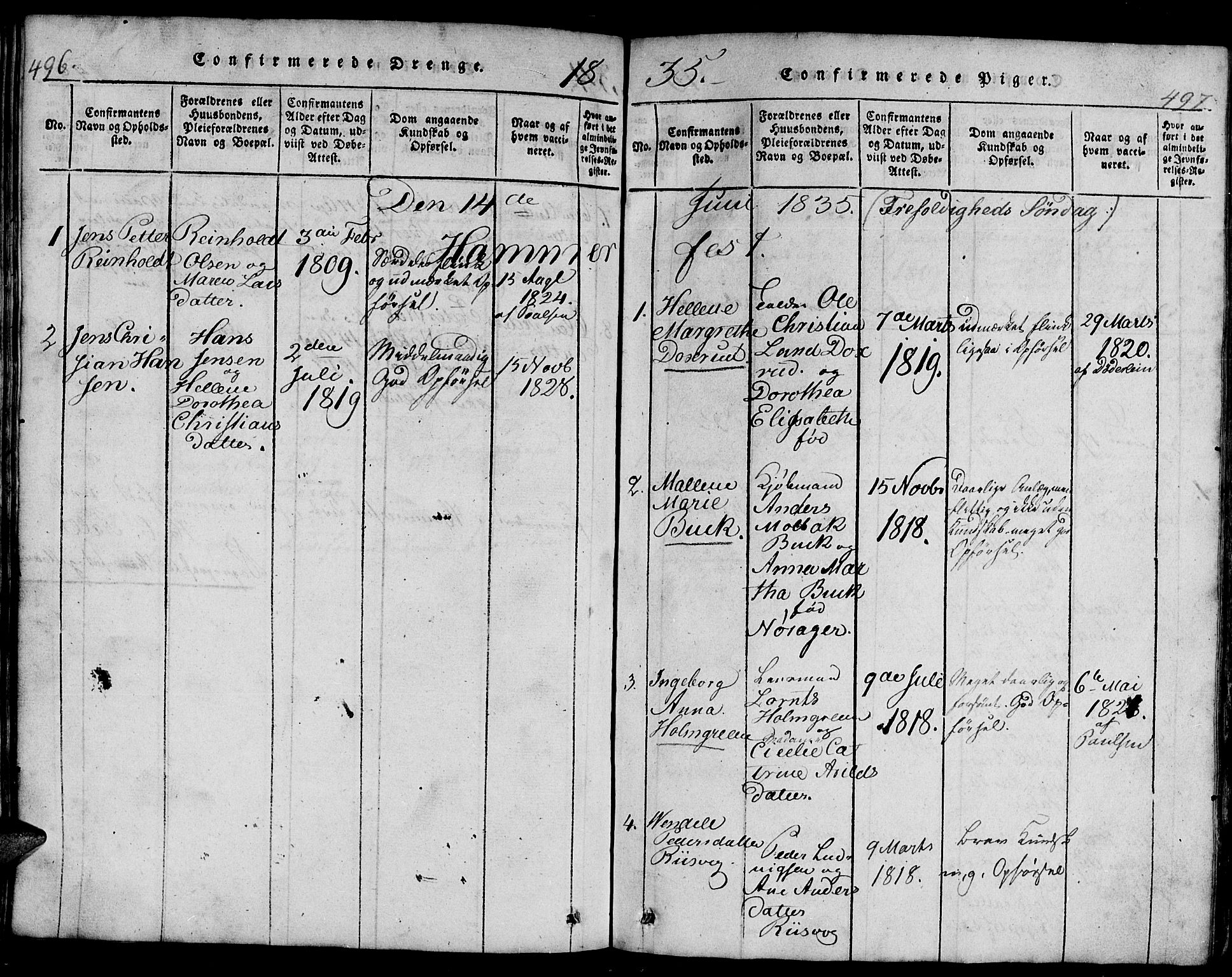 Hammerfest sokneprestkontor, AV/SATØ-S-1347/H/Hb/L0001.klokk: Parish register (copy) no. 1, 1822-1850, p. 496-497