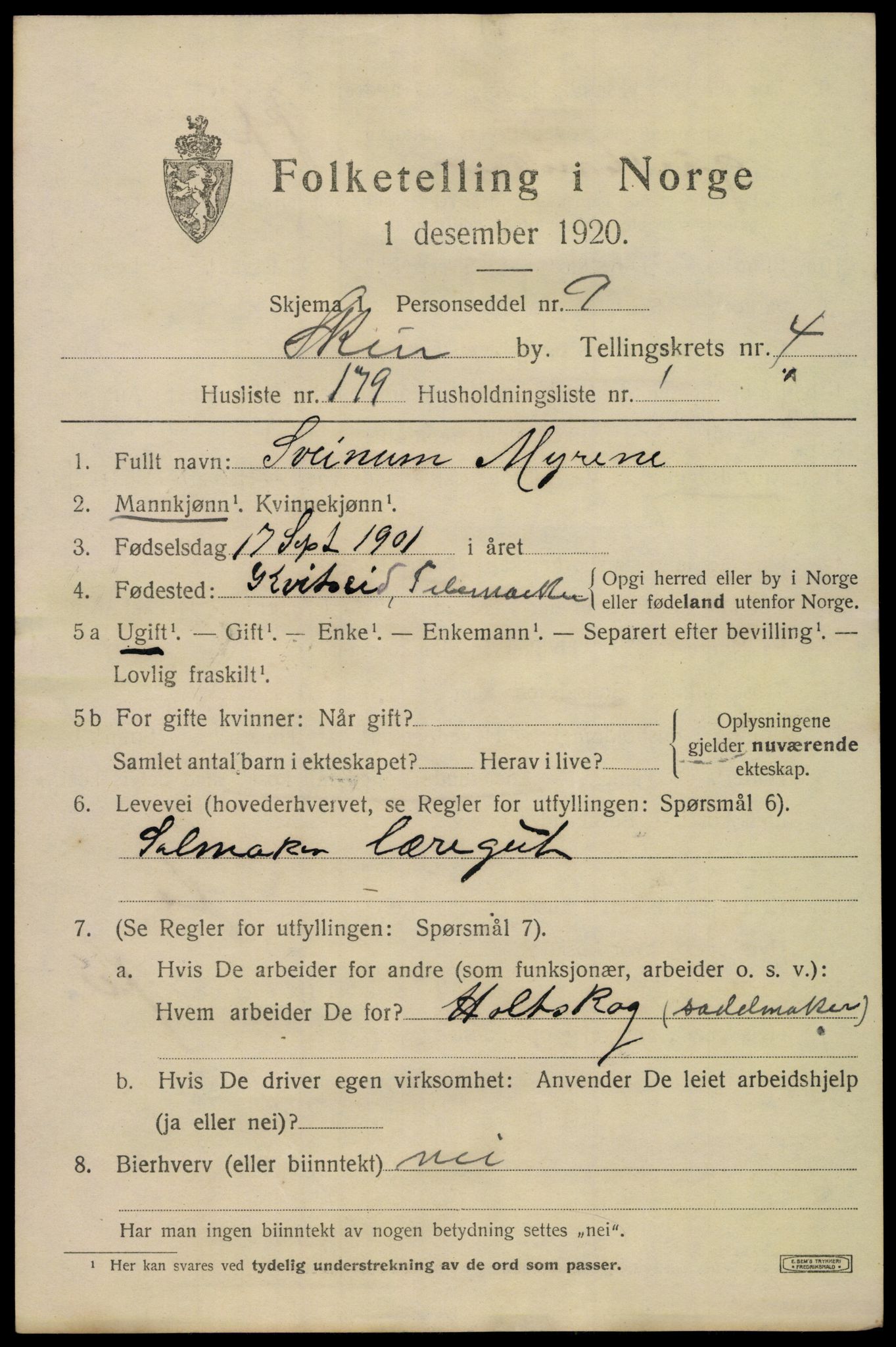 SAKO, 1920 census for Skien, 1920, p. 19488