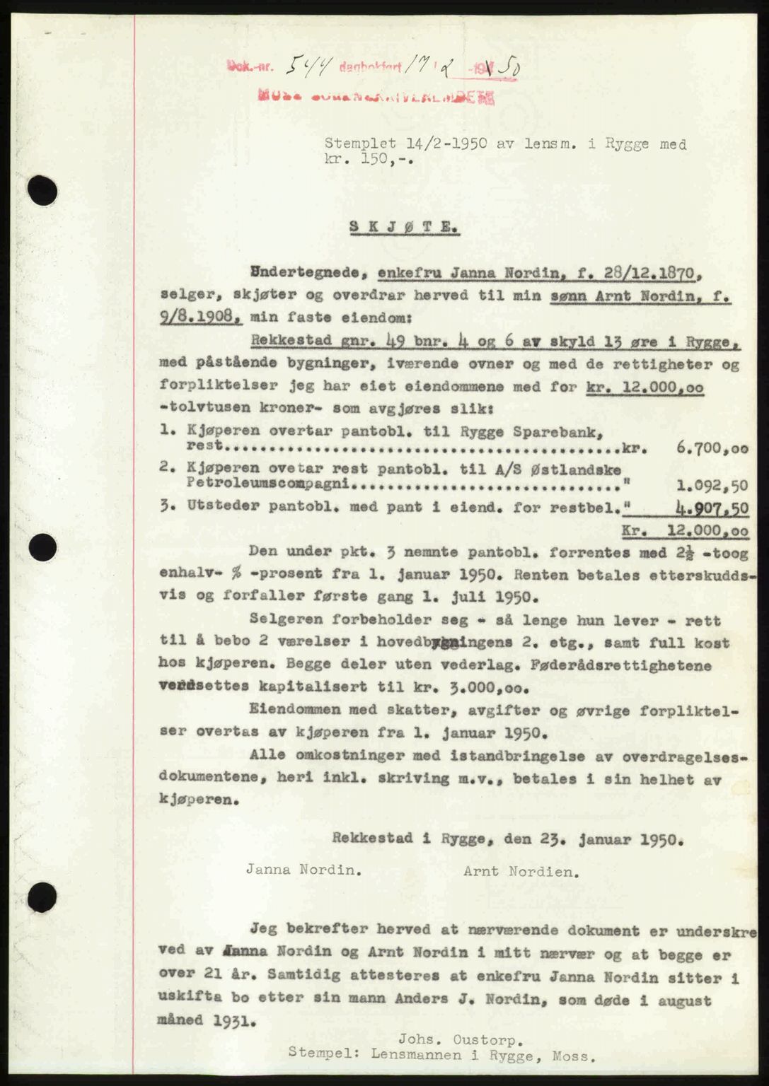 Moss sorenskriveri, SAO/A-10168: Mortgage book no. A25, 1950-1950, Diary no: : 544/1950