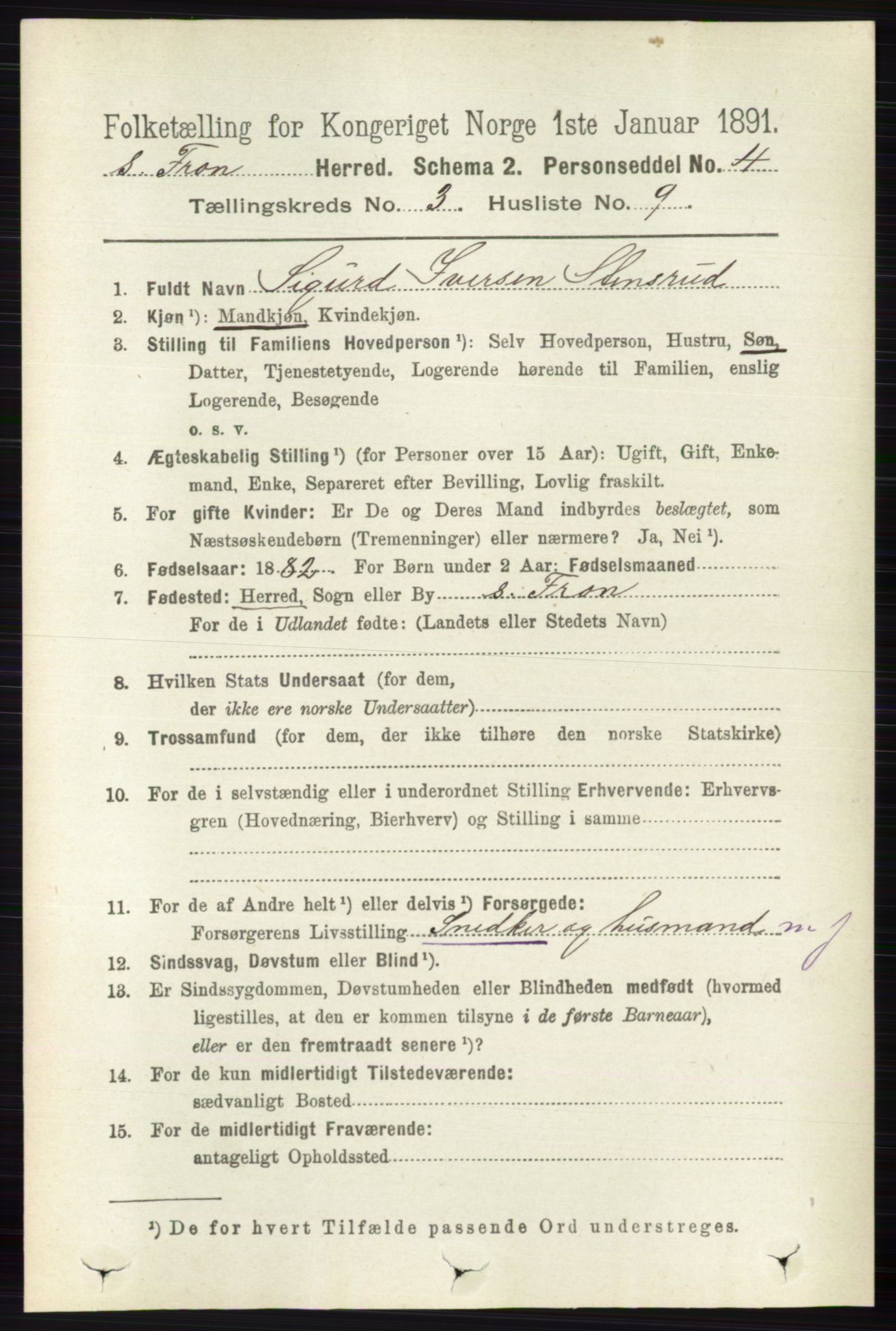 RA, 1891 census for 0519 Sør-Fron, 1891, p. 1013