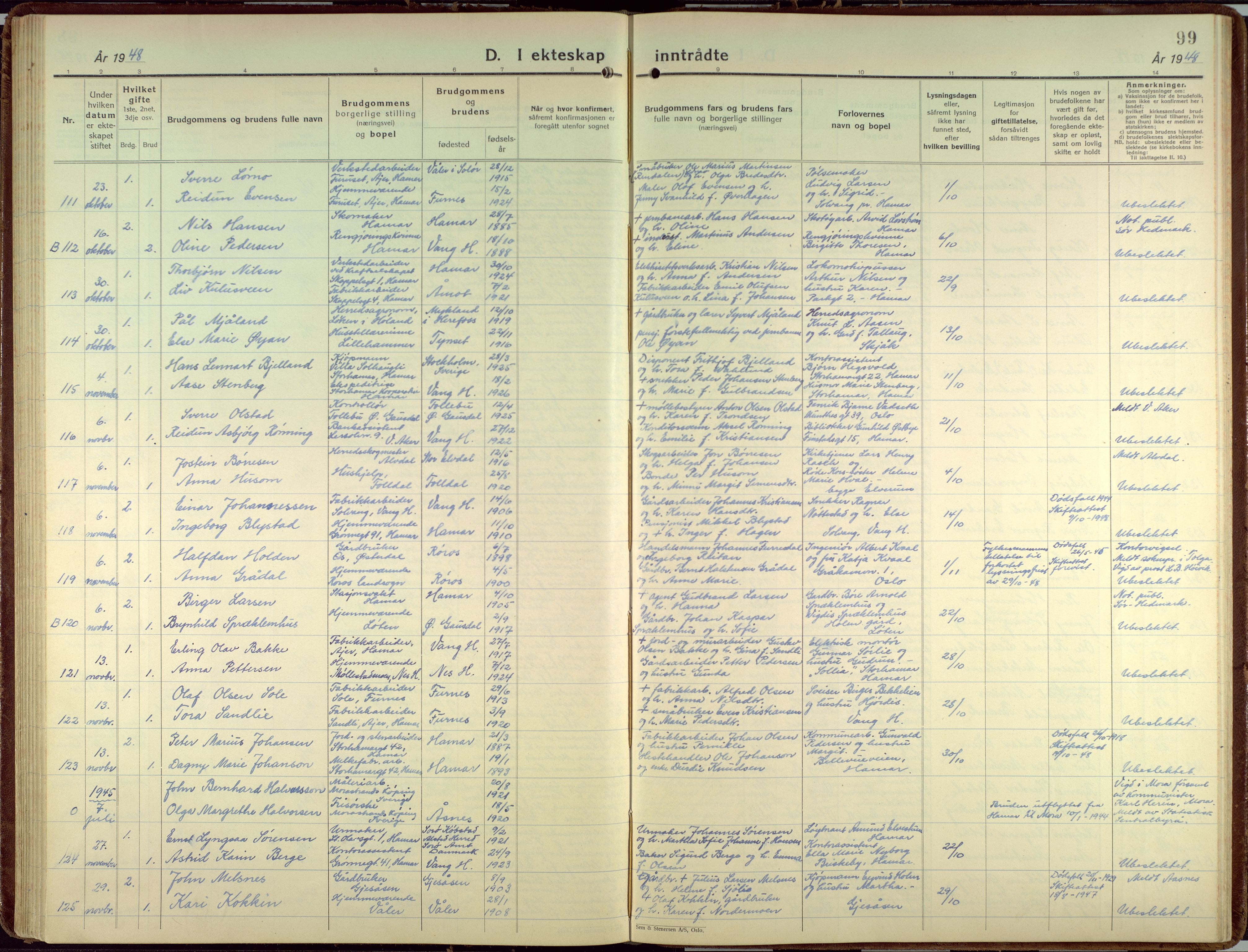 Hamar prestekontor, AV/SAH-DOMPH-002/H/Ha/Haa/L0006: Parish register (official) no. 6, 1931-1953, p. 99