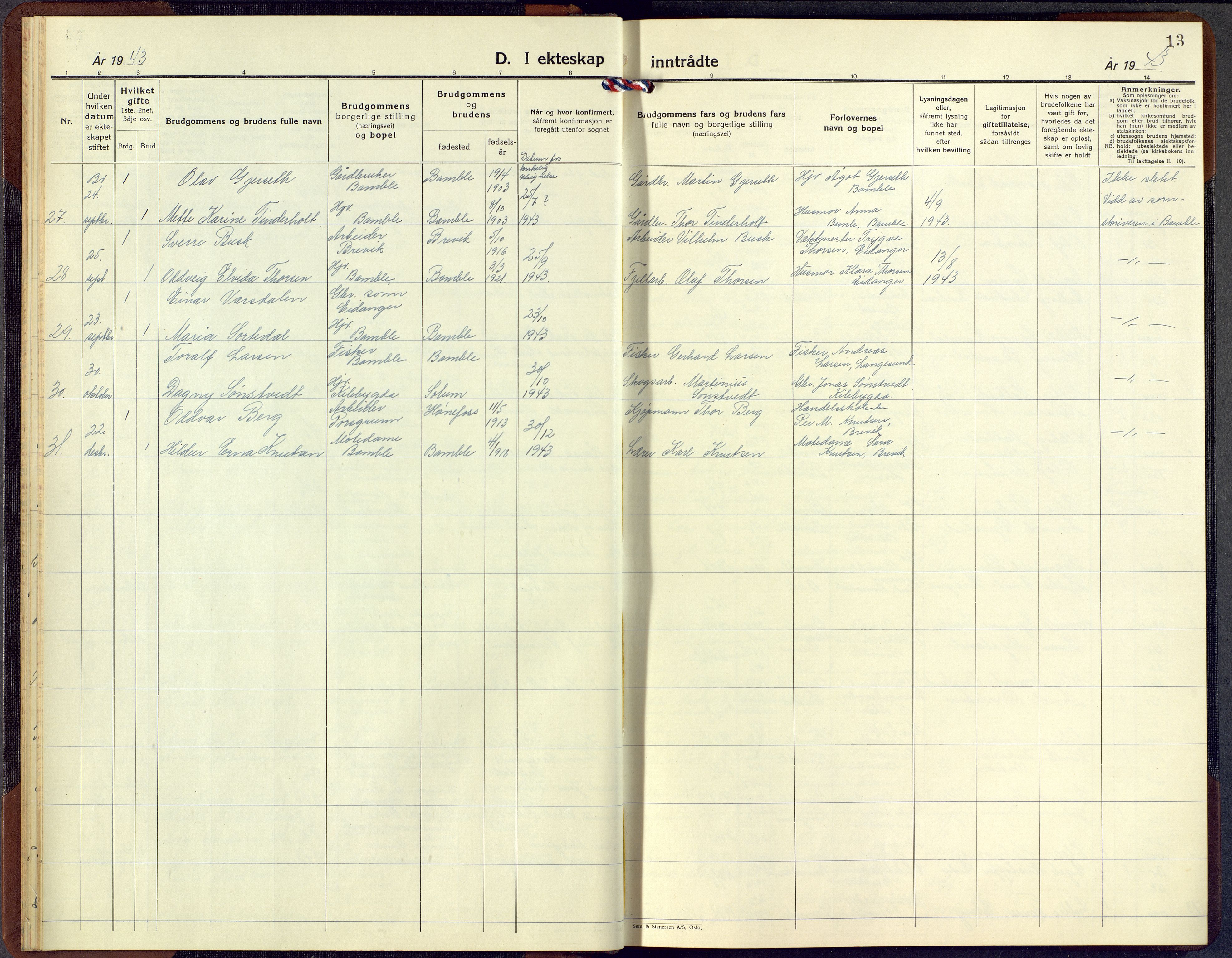 Bamble kirkebøker, AV/SAKO-A-253/G/Ga/L0013: Parish register (copy) no. I 13, 1941-1949, p. 13