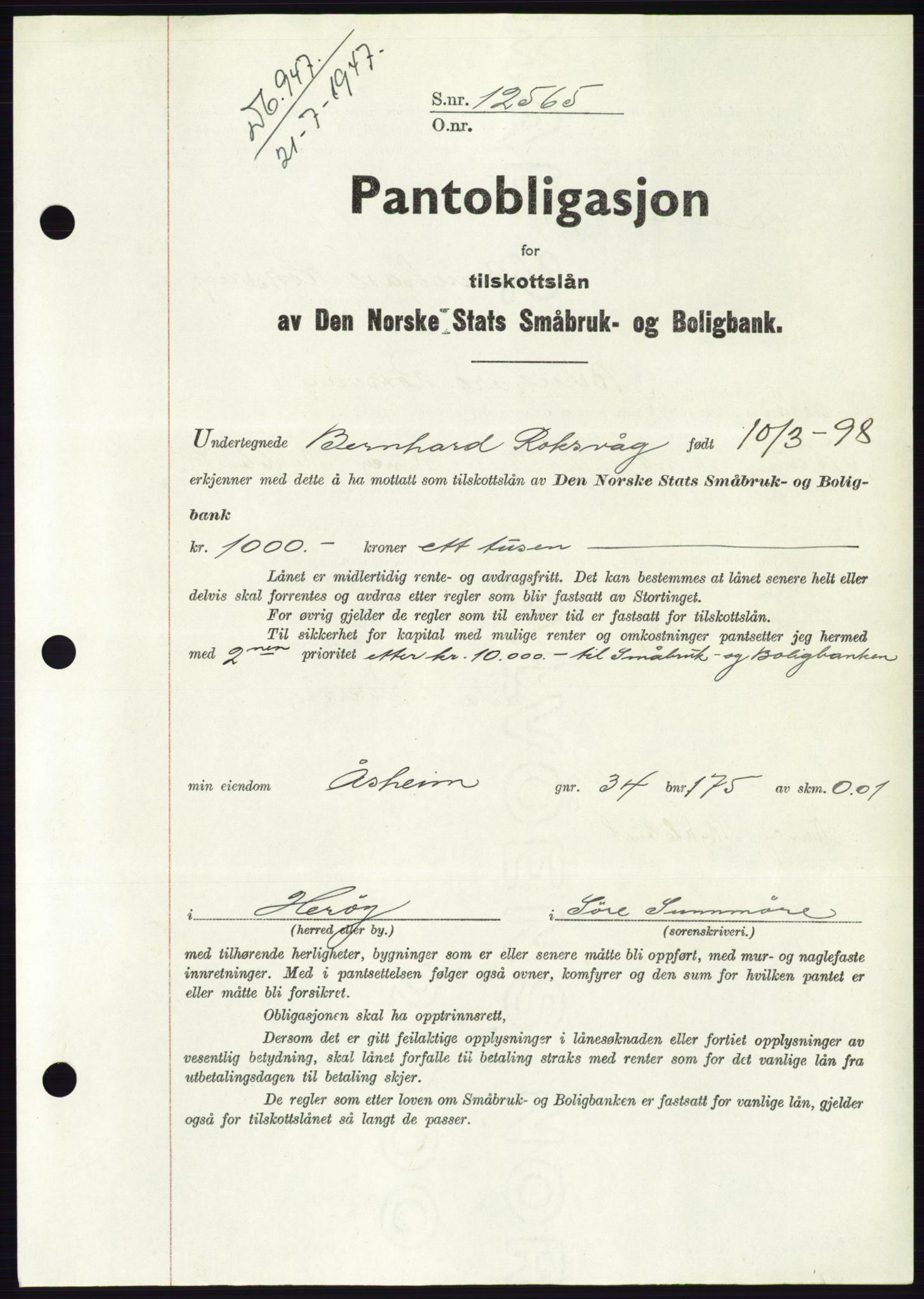 Søre Sunnmøre sorenskriveri, AV/SAT-A-4122/1/2/2C/L0115: Mortgage book no. 3B, 1947-1948, Diary no: : 947/1947