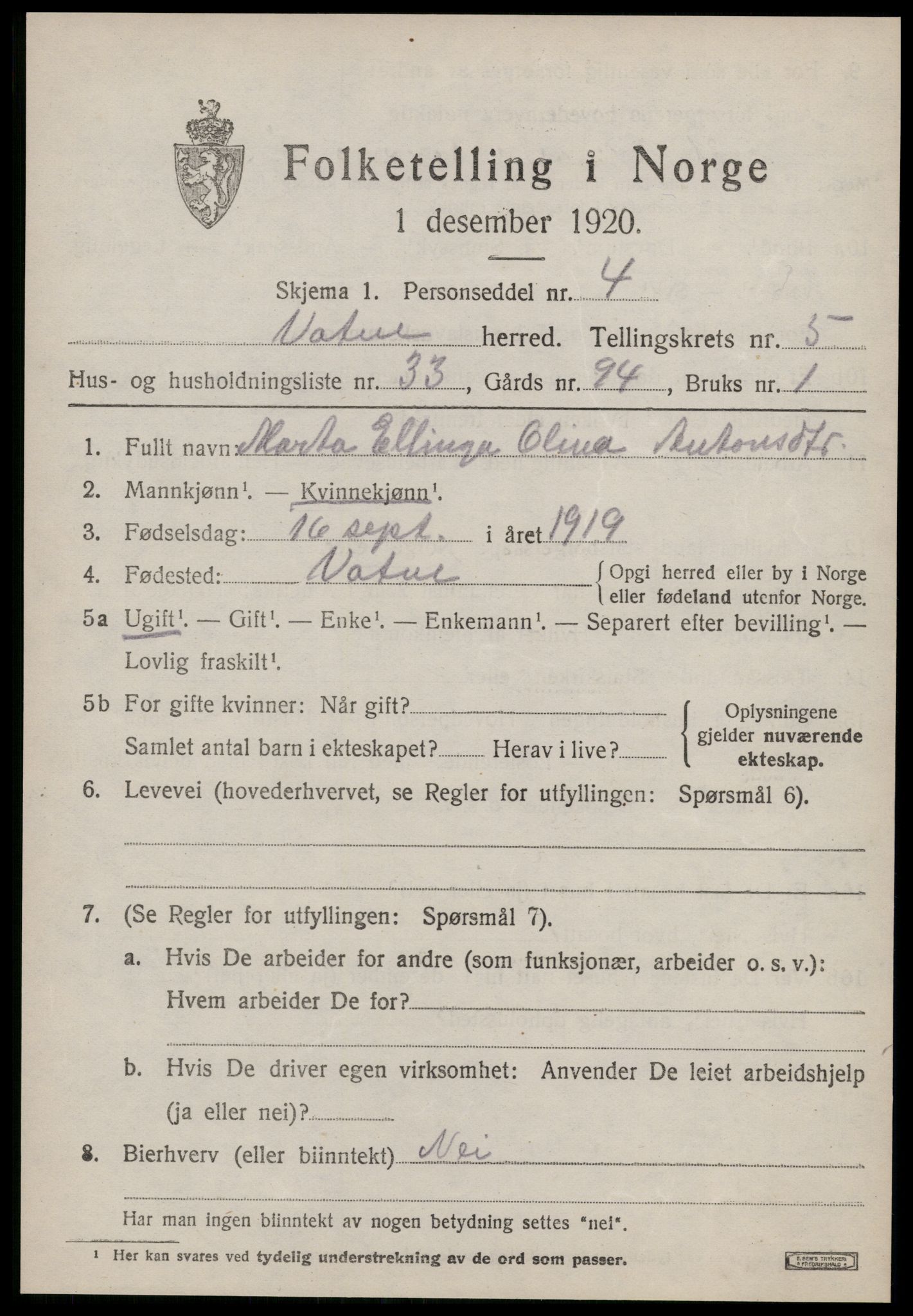 SAT, 1920 census for Vatne, 1920, p. 2658