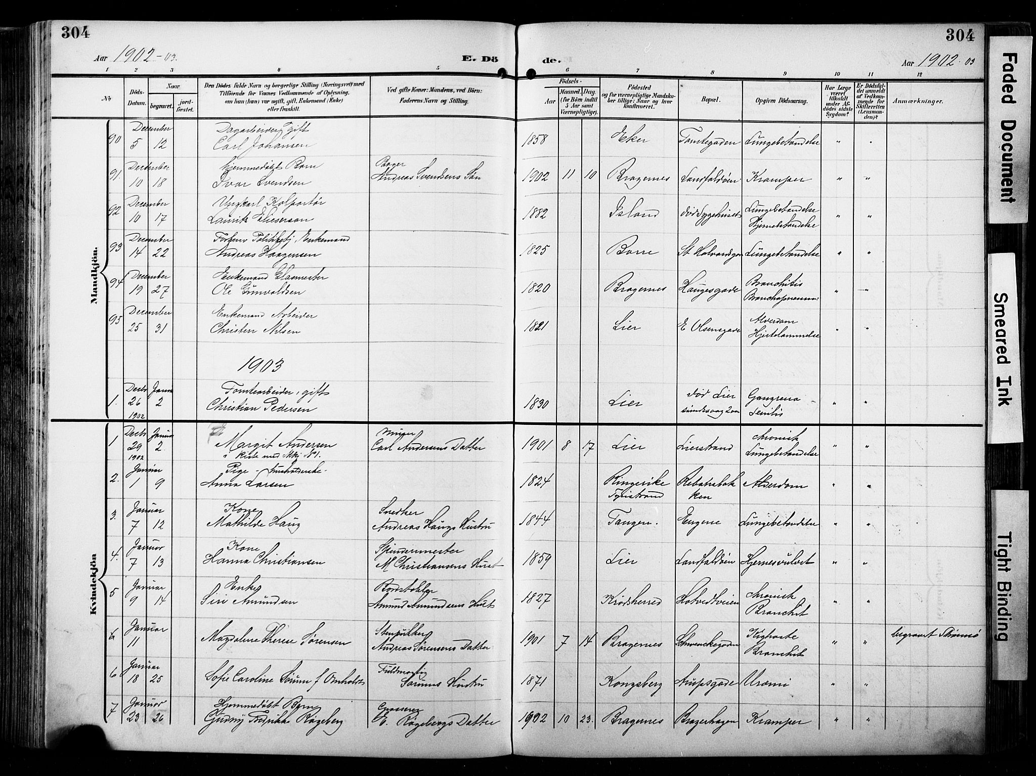 Bragernes kirkebøker, SAKO/A-6/F/Fb/L0009: Parish register (official) no. II 9, 1902-1911, p. 304