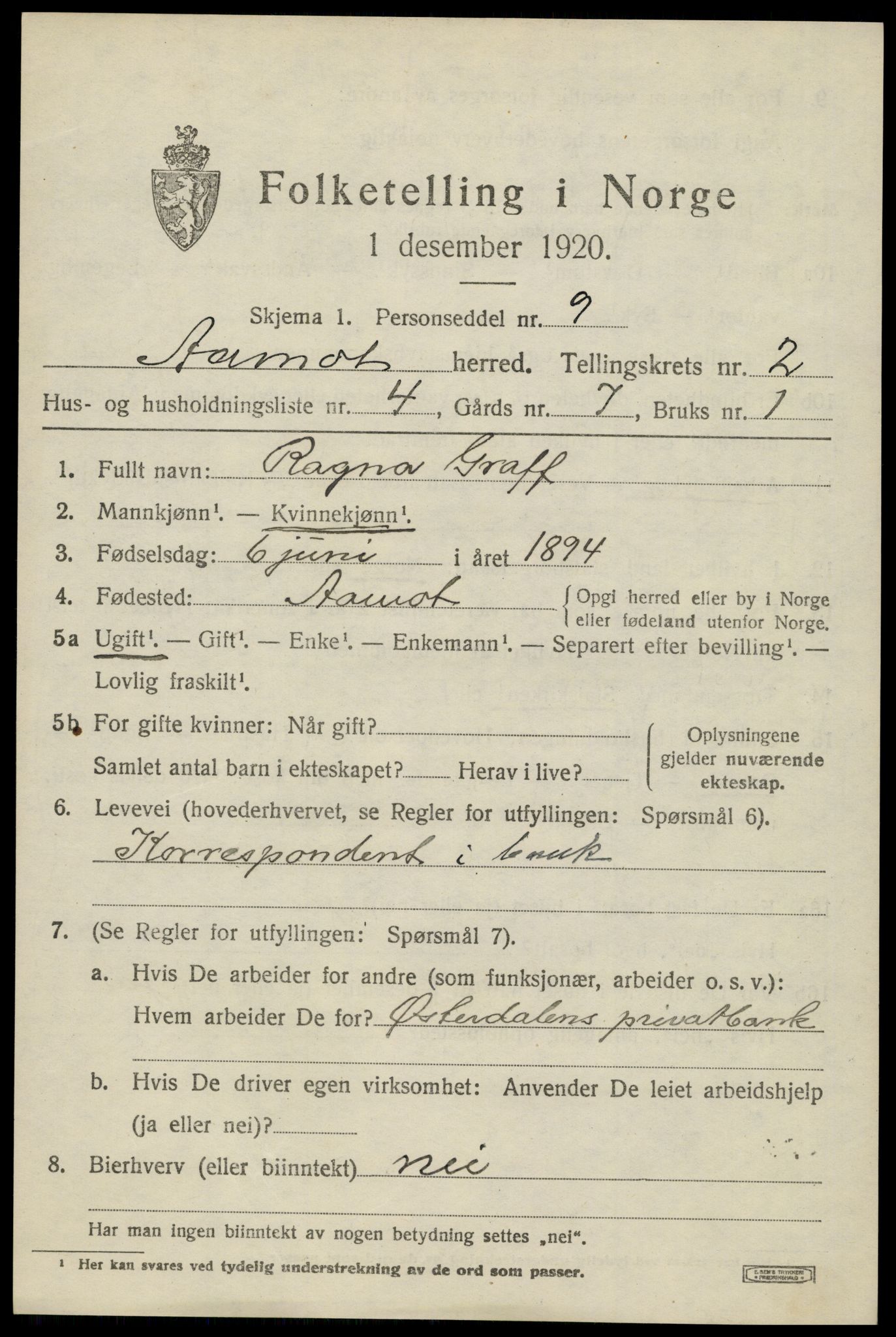 SAH, 1920 census for Åmot, 1920, p. 2105