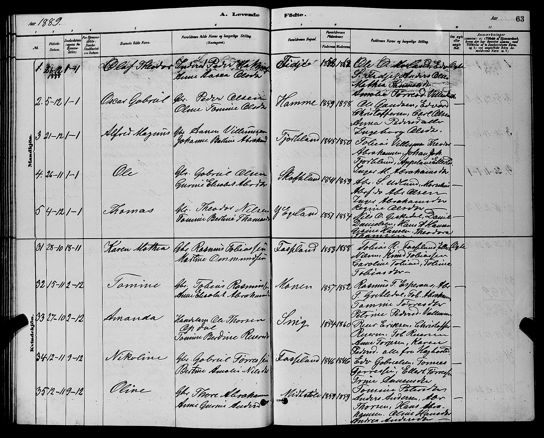 Sør-Audnedal sokneprestkontor, AV/SAK-1111-0039/F/Fb/Fbb/L0005: Parish register (copy) no. B 5, 1880-1892, p. 63