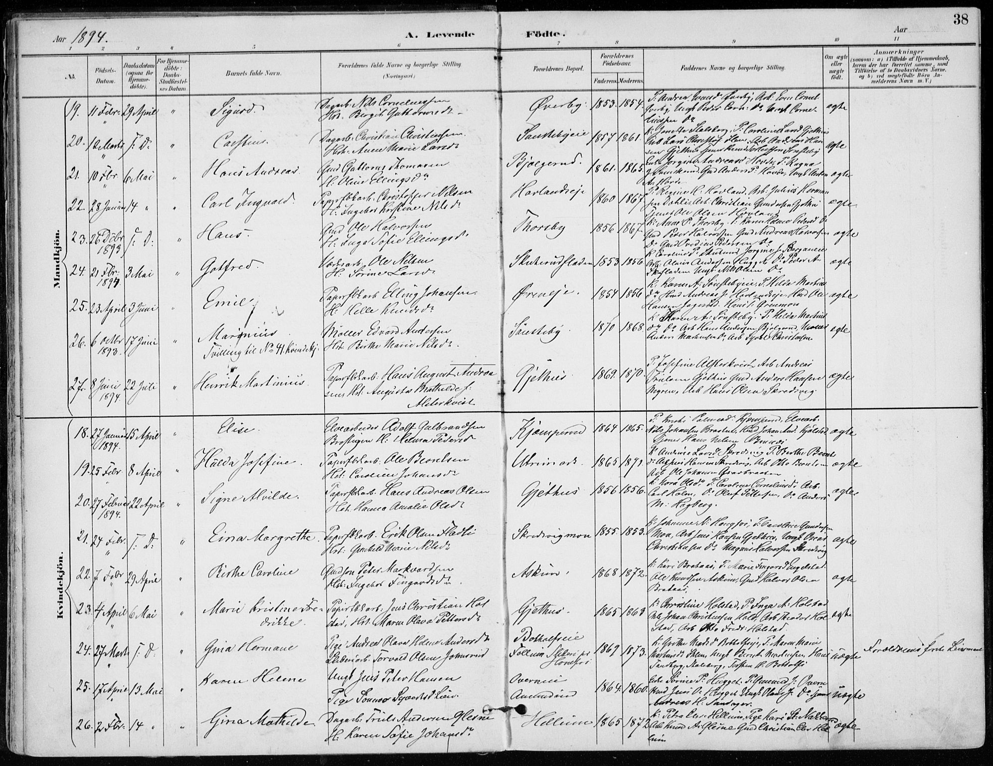 Modum kirkebøker, AV/SAKO-A-234/F/Fa/L0012: Parish register (official) no. 12, 1890-1898, p. 38