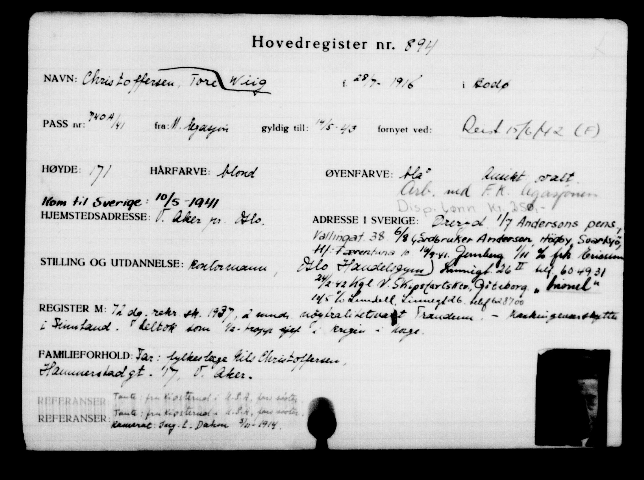 Utenriksstasjonene, Legasjonen i Stockholm, Flyktningkontoret, AV/RA-S-6753/V/Va/L0001: Kjesäterkartoteket, flyktninger med registreringsnr. 1-1000, 1940-1945, p. 1415
