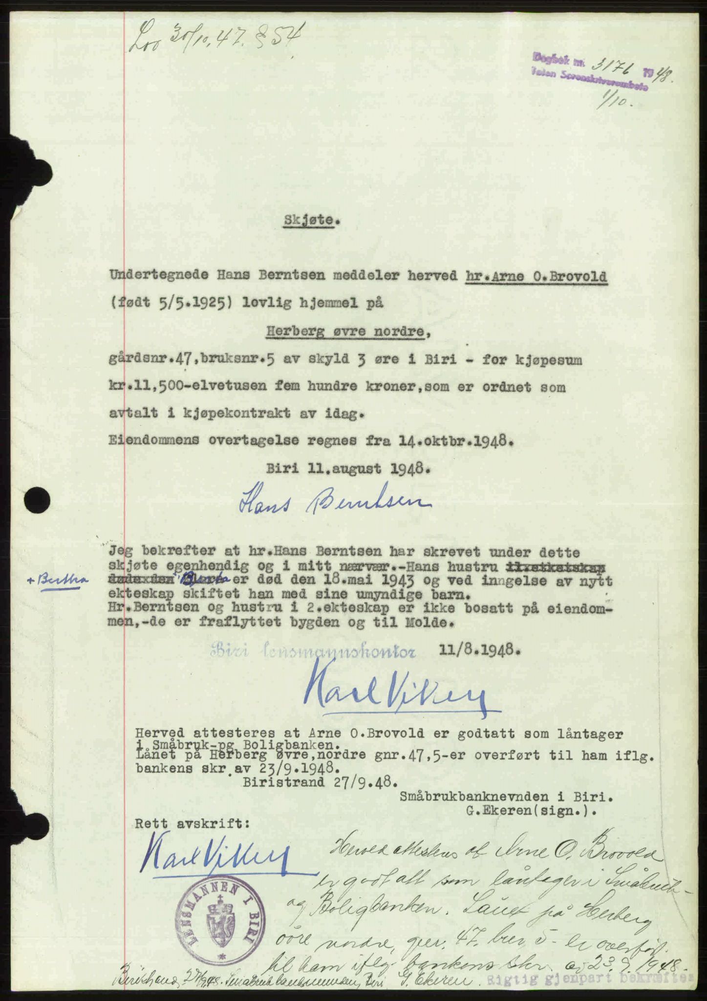 Toten tingrett, SAH/TING-006/H/Hb/Hbc/L0020: Mortgage book no. Hbc-20, 1948-1948, Diary no: : 3176/1948