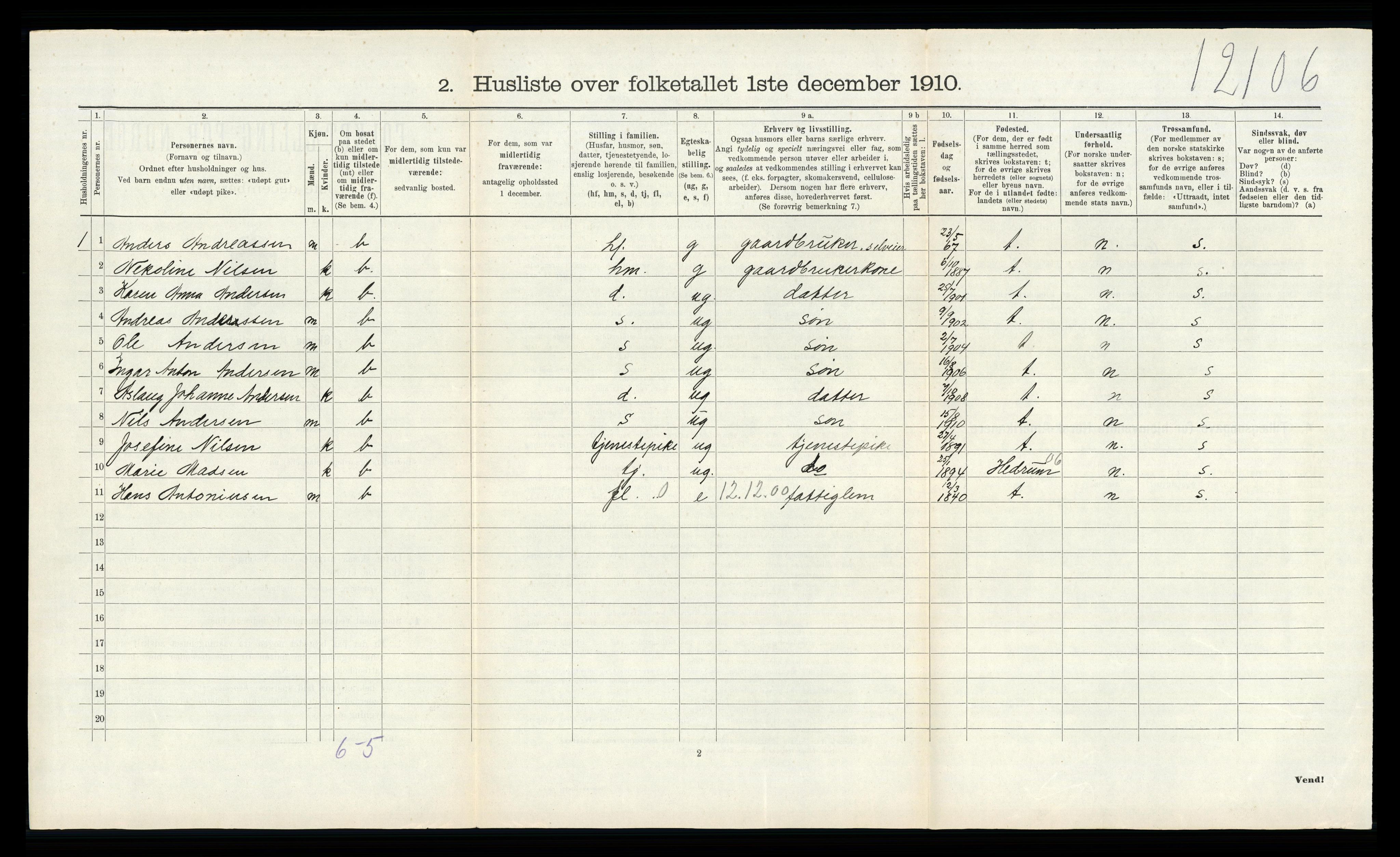 RA, 1910 census for Andebu, 1910, p. 186