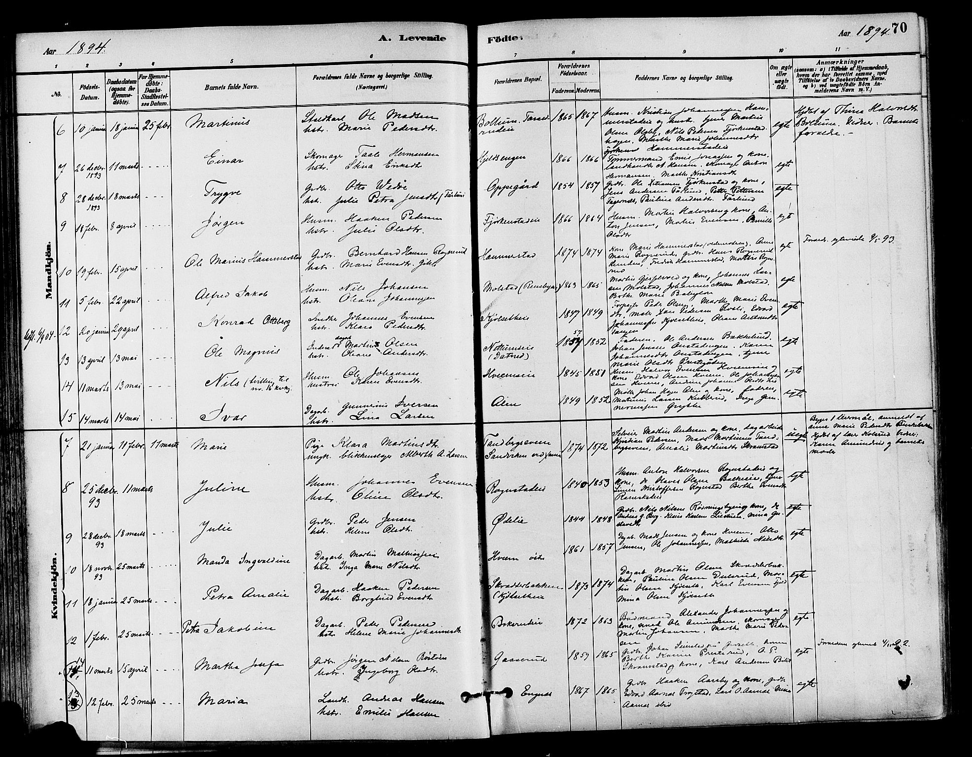 Østre Toten prestekontor, SAH/PREST-104/H/Ha/Haa/L0007: Parish register (official) no. 7, 1881-1896, p. 70